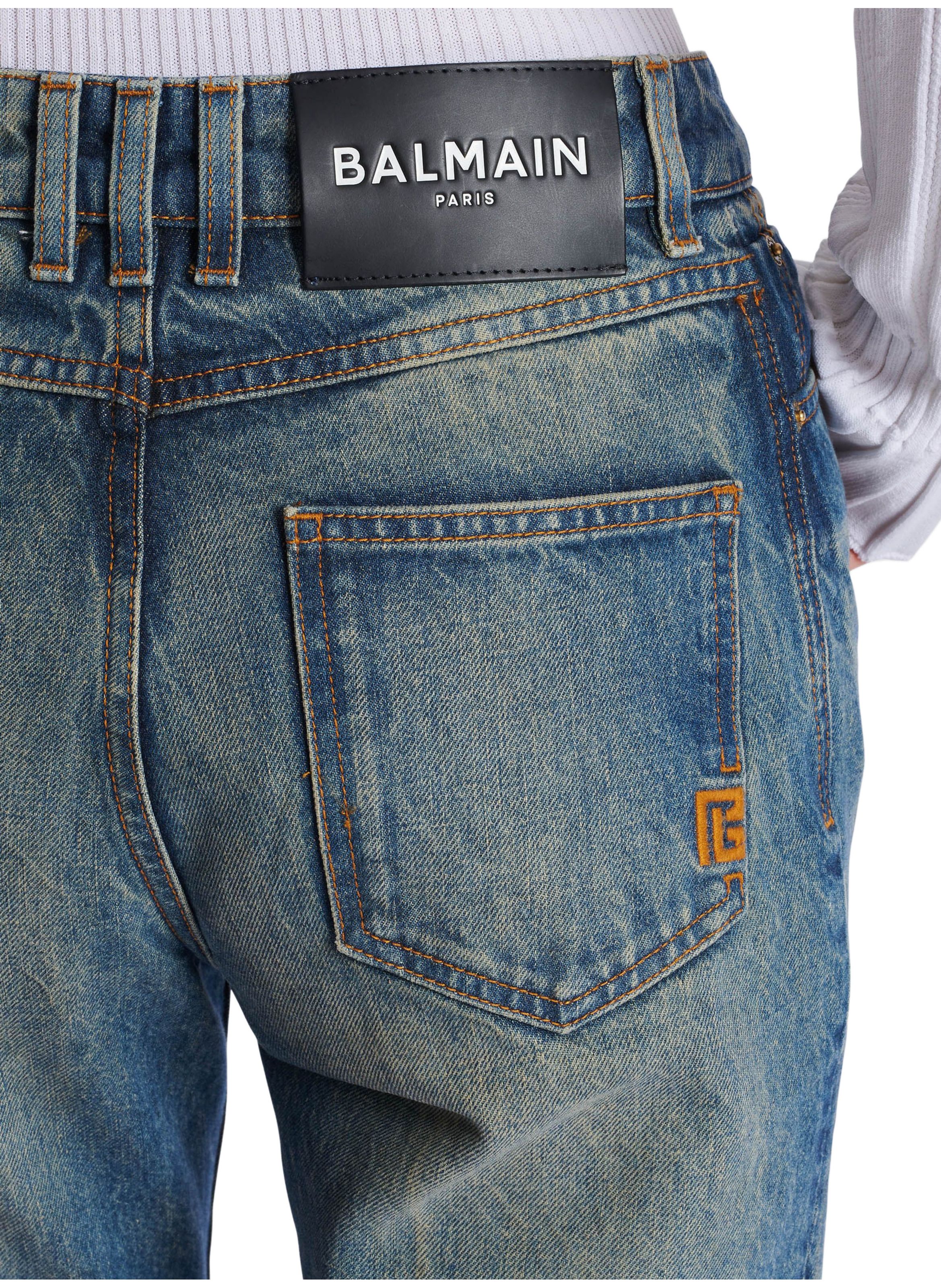 Pantalon en denim droit délavé BALMAIN Bleu