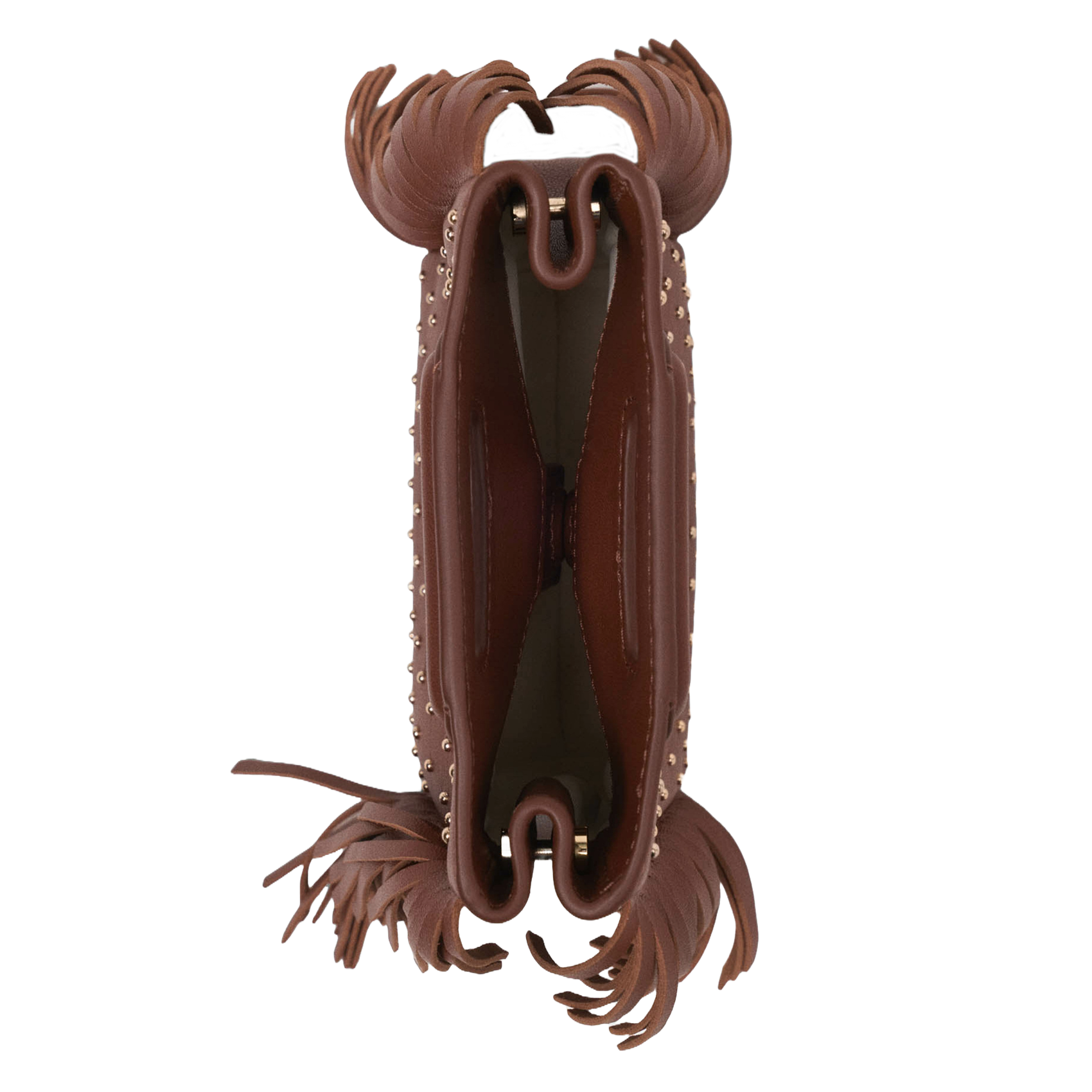 Sac en cuir à franges et studs m mini MAJE Marron