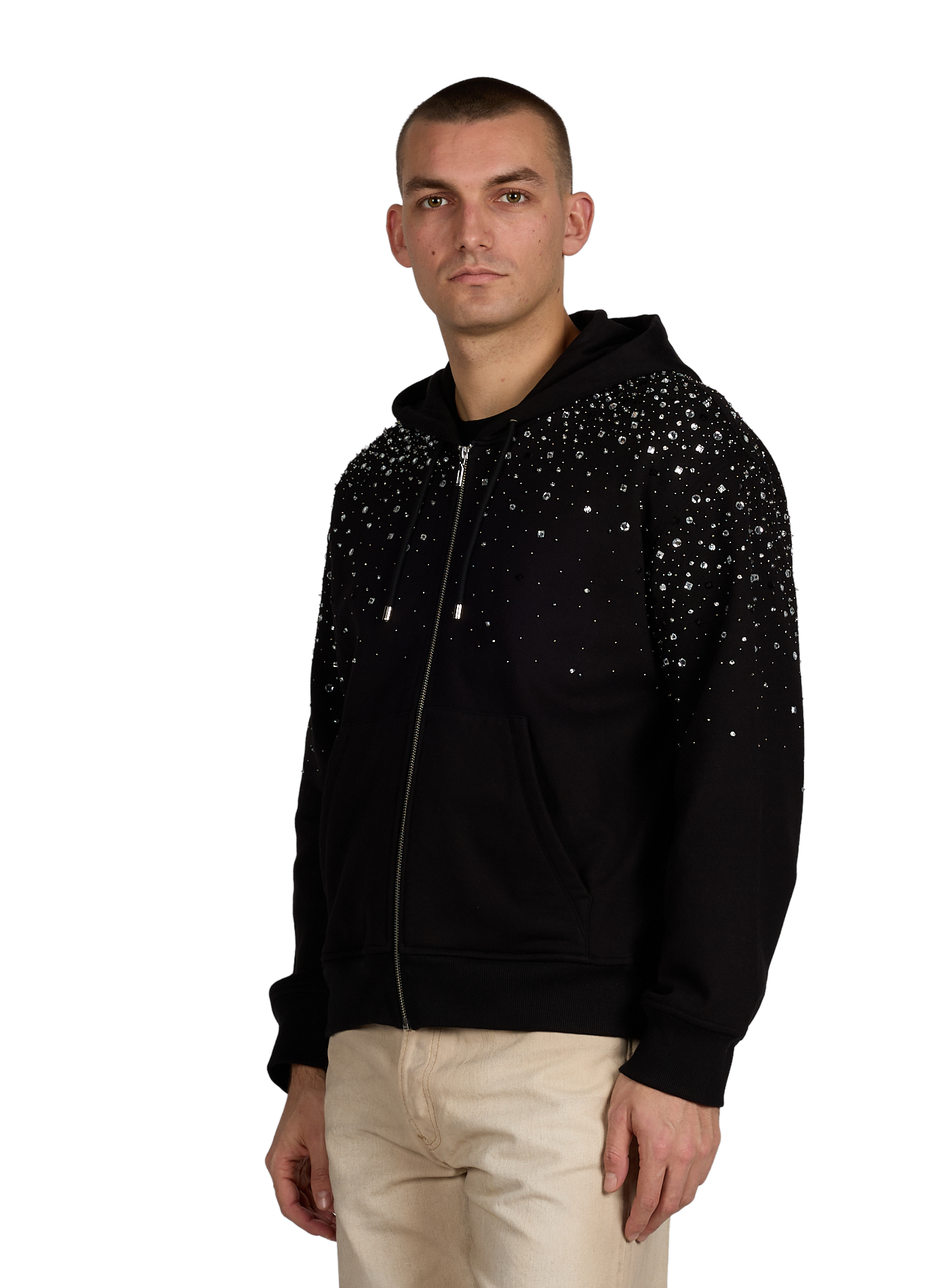 Straight zip-up hoodie with rhinestones in cotton BENJAMIN BENMOYAL Black