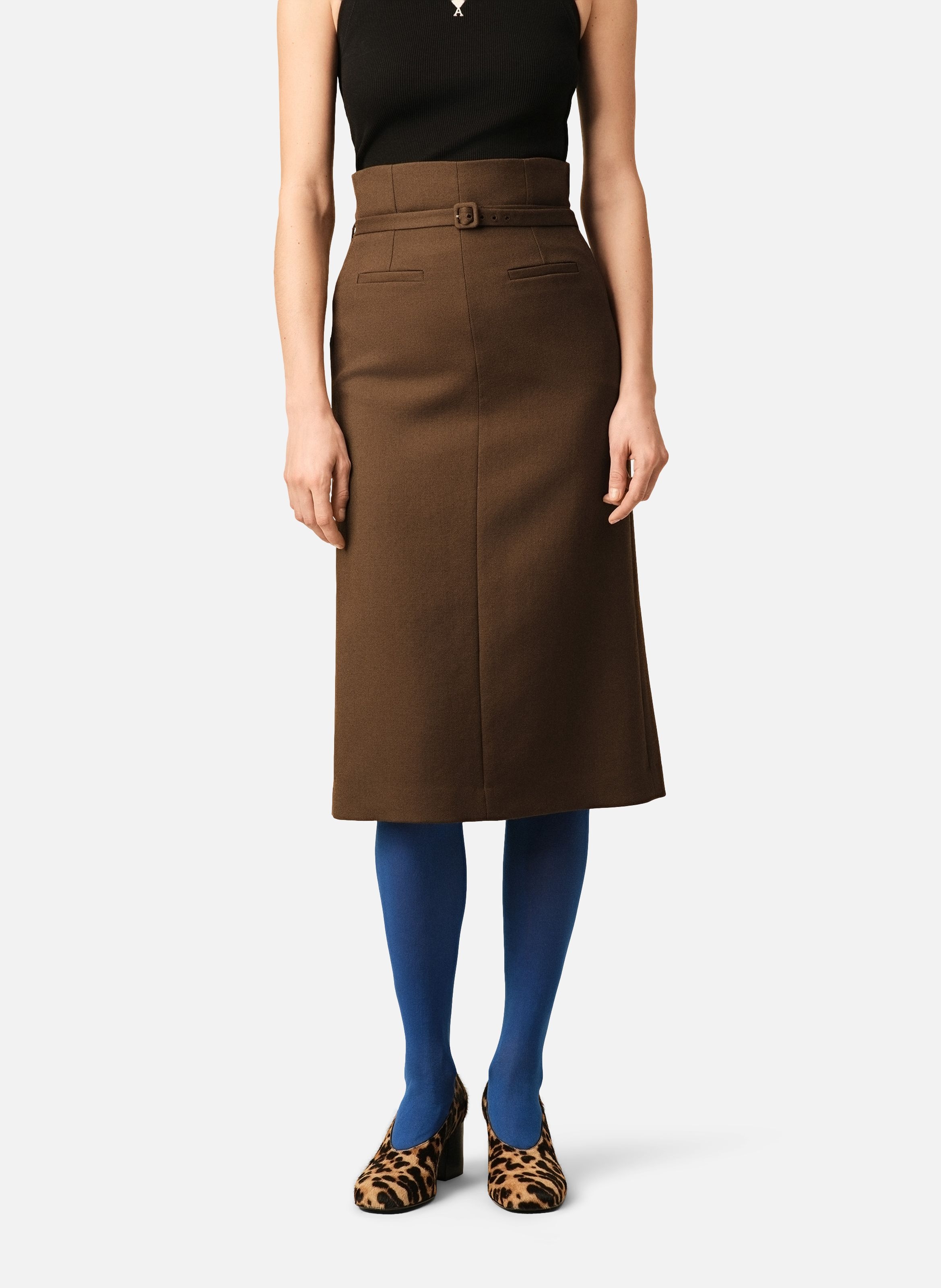 Jupe crayon ceinturée en laine AMI PARIS Marron