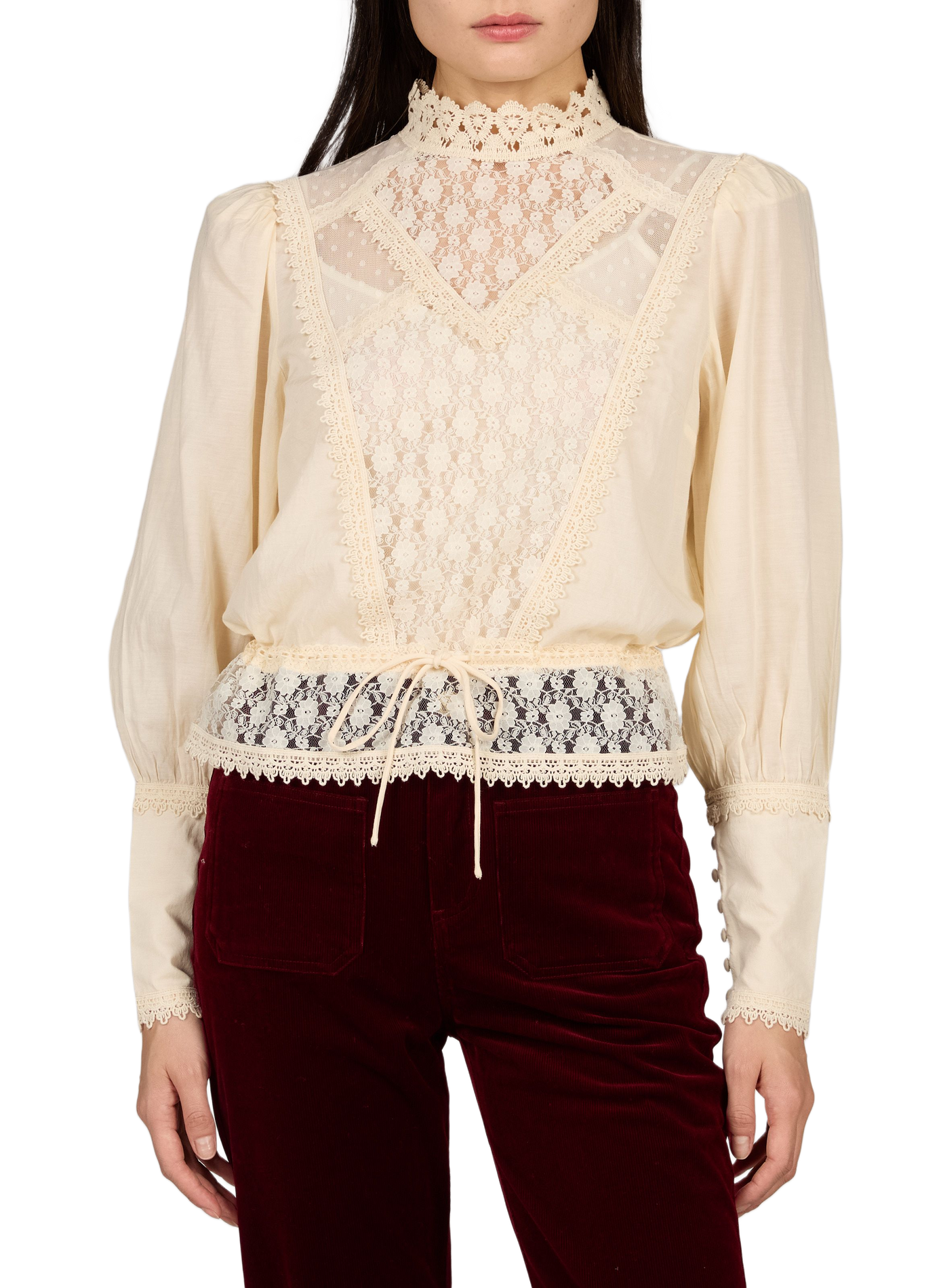 Langarm-Top aus Baumwollmischung mit Spitze PETITE MENDIGOTE Beige