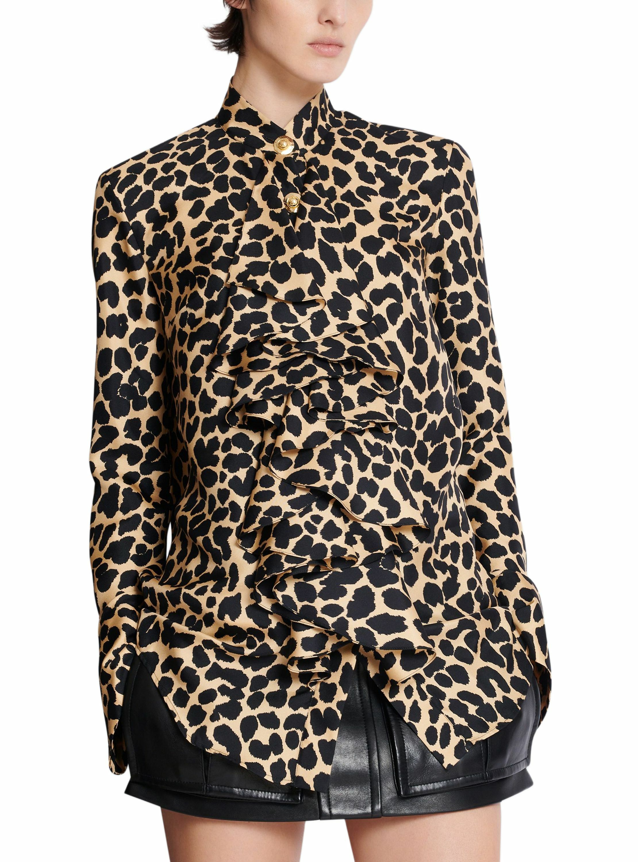 Chemise imprimée motif léopard à volants BALMAIN Noir