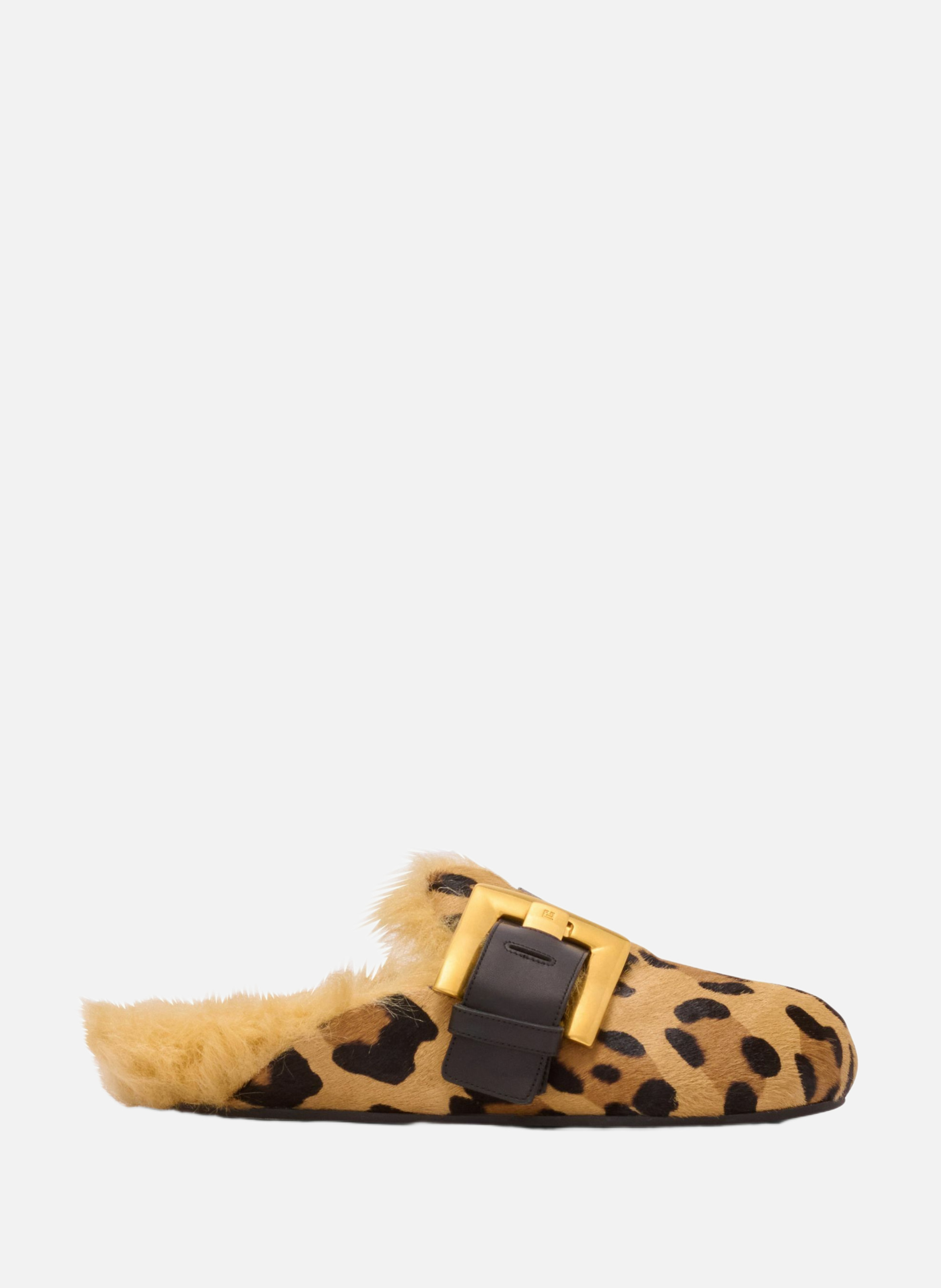 Mules anthem en cuir pony motif léopard et fausse fourrure BALMAIN Marron