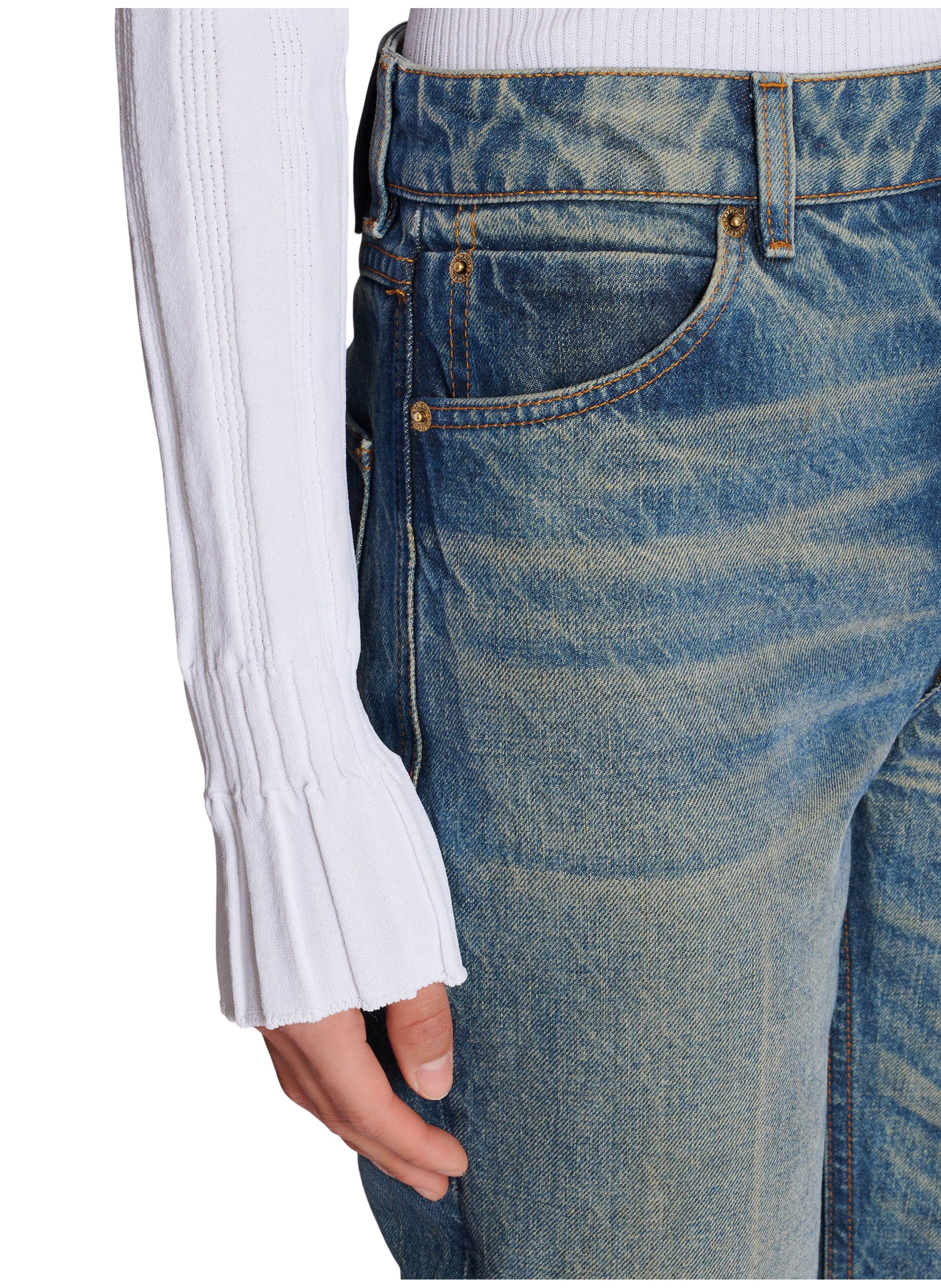 Pantalon en denim droit délavé BALMAIN Bleu