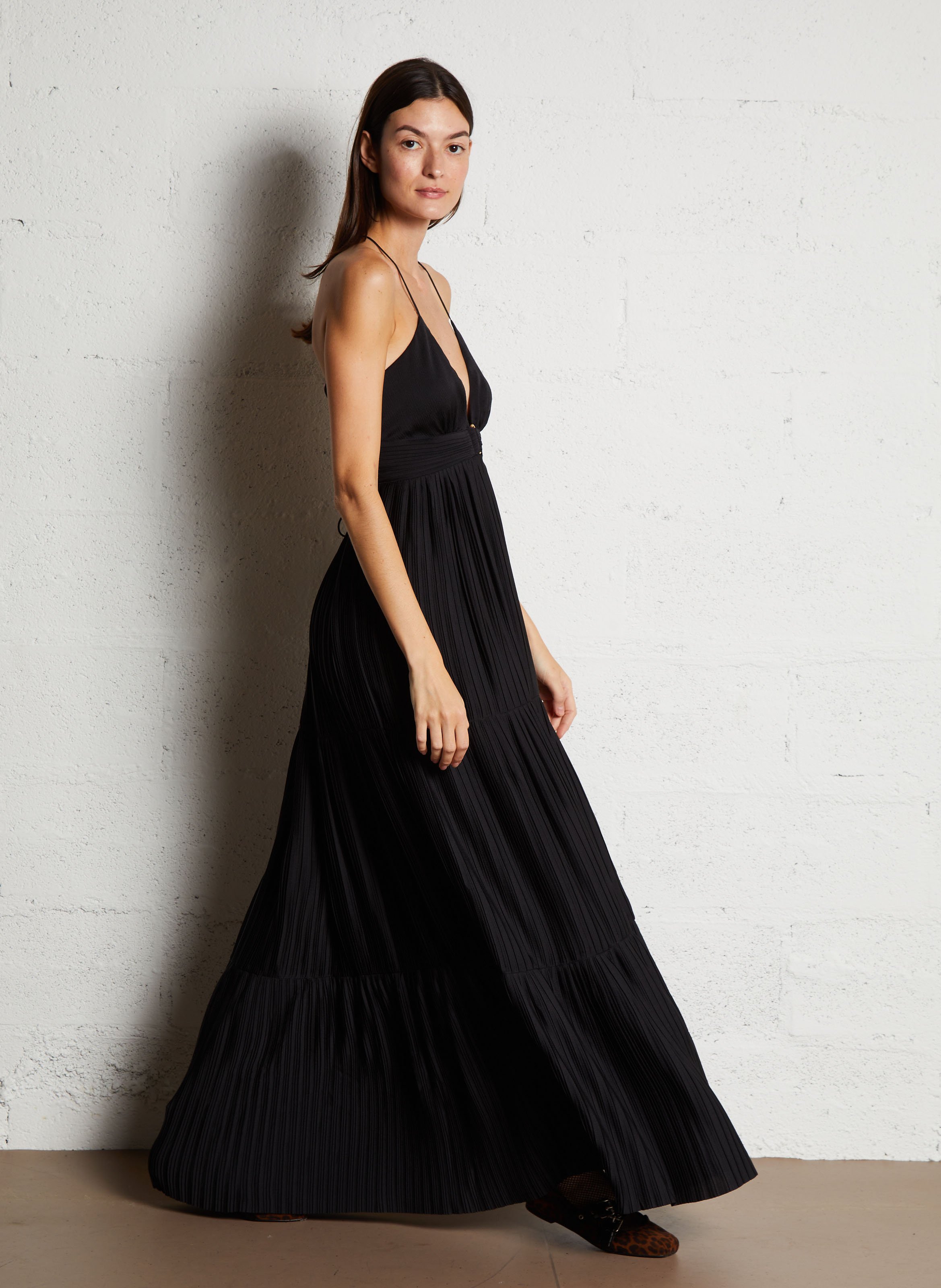 Robe longue col V plissée Wasta BA&SH Noir