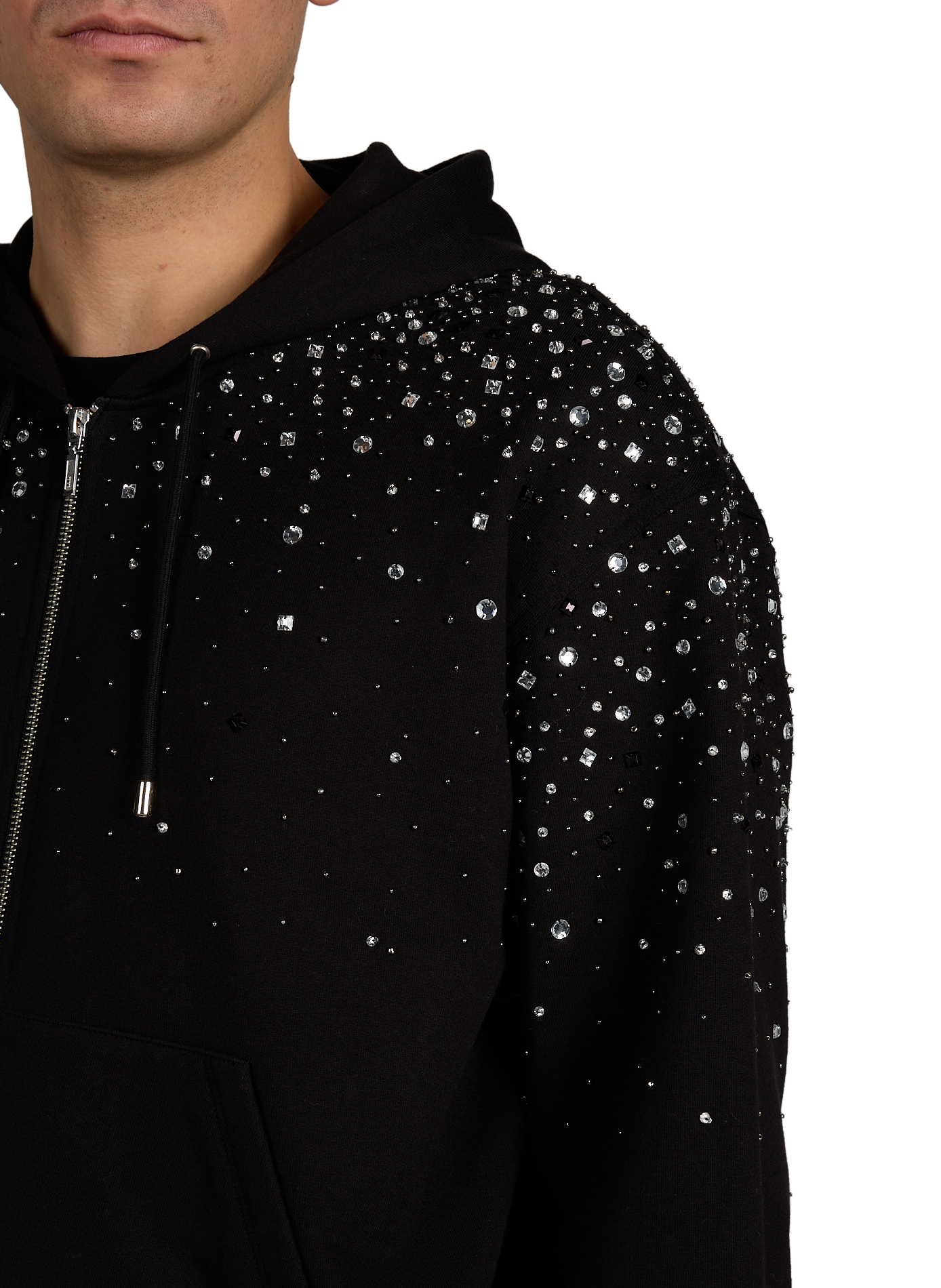 Straight zip-up hoodie with rhinestones in cotton BENJAMIN BENMOYAL Black