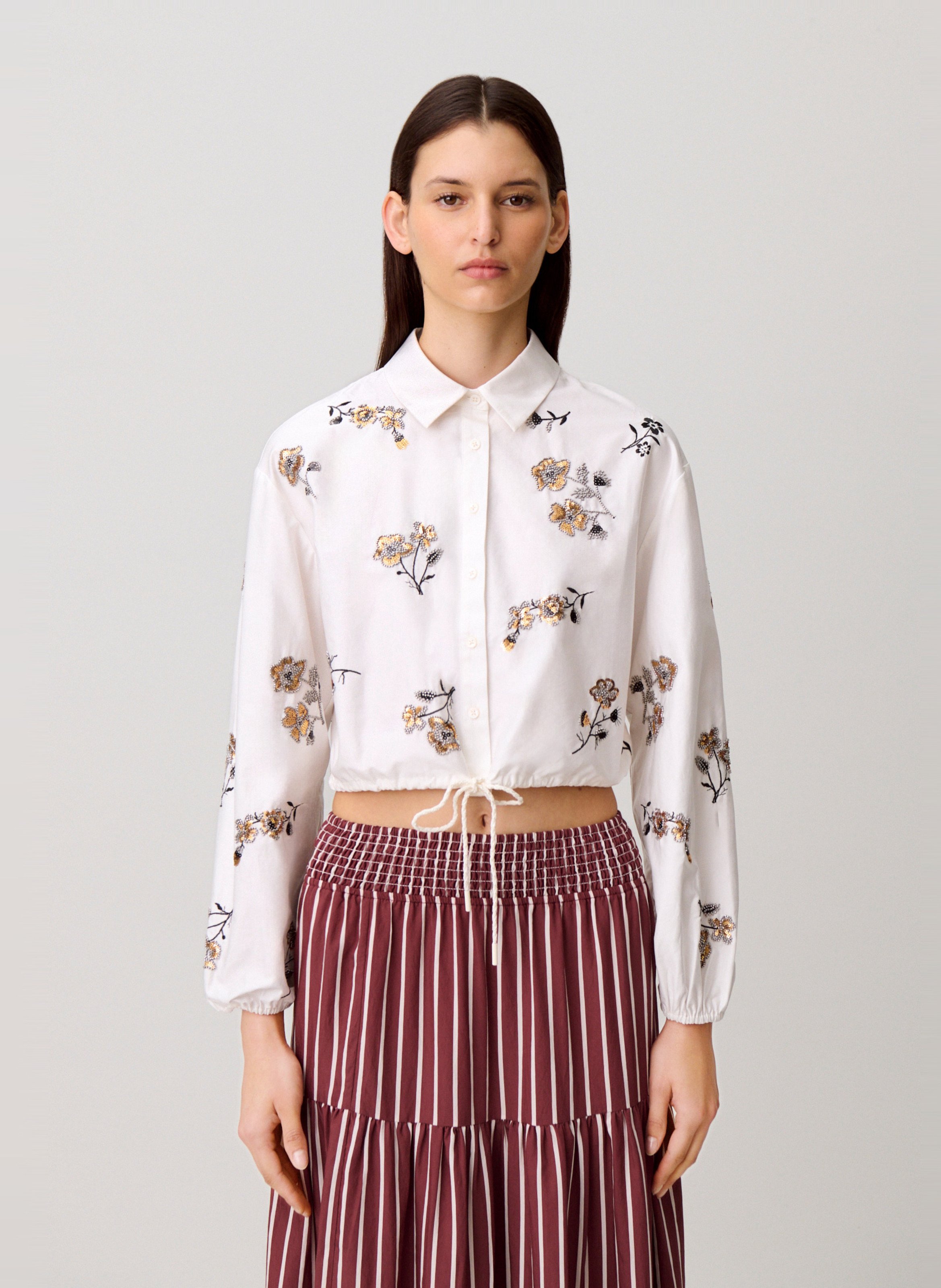 Chemise oversize col classique en coton brodé CLAUDIE PIERLOT Beige