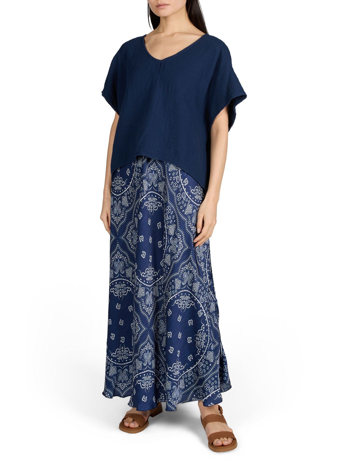 T-shirt New York col V en coton matelassé AOKYANOS Bleu