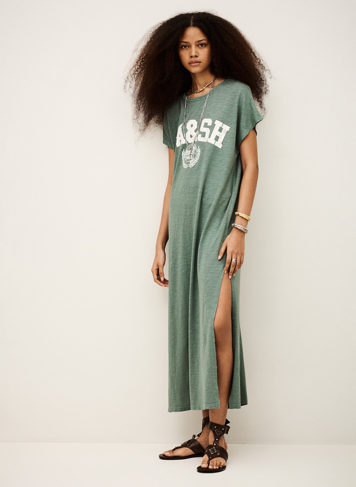 Robe midi imprimée col rond civia BA&SH Kaki