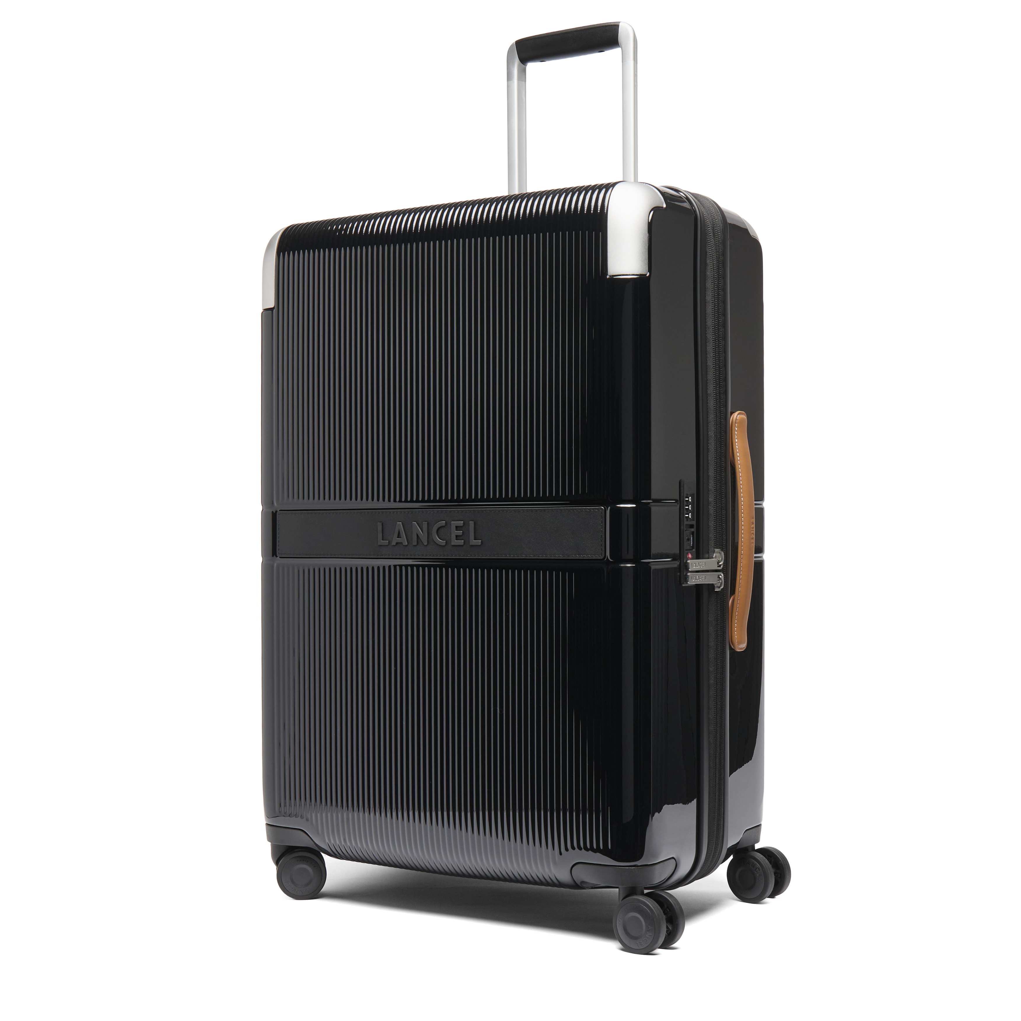 Harde middelgrote trolley met 4 wielen, van gerecycled polycarbonaat, met leren details. LANCEL Zwart