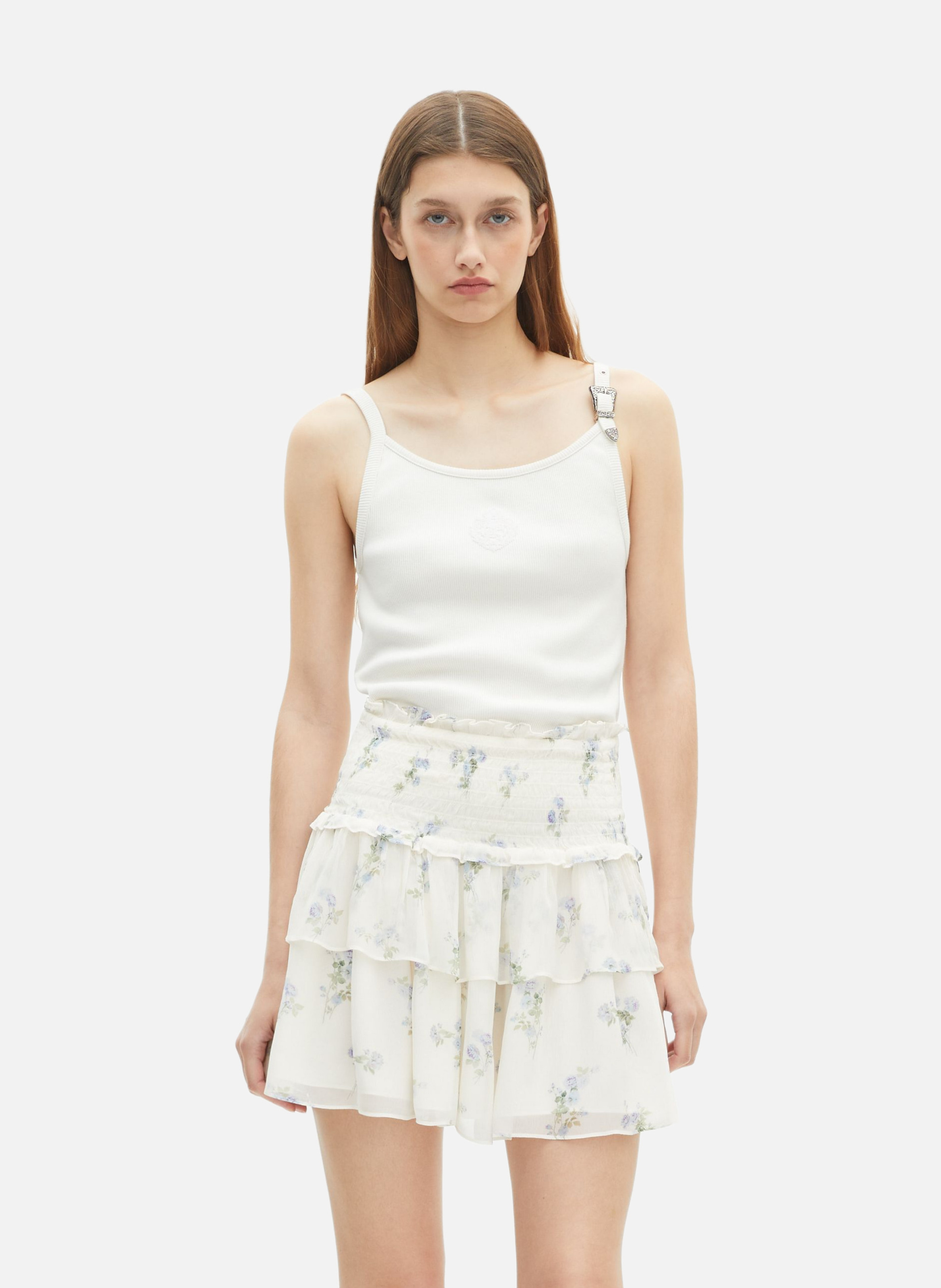 THE KOOPLES Jupe courte à volants imprimé fleuri Blanc