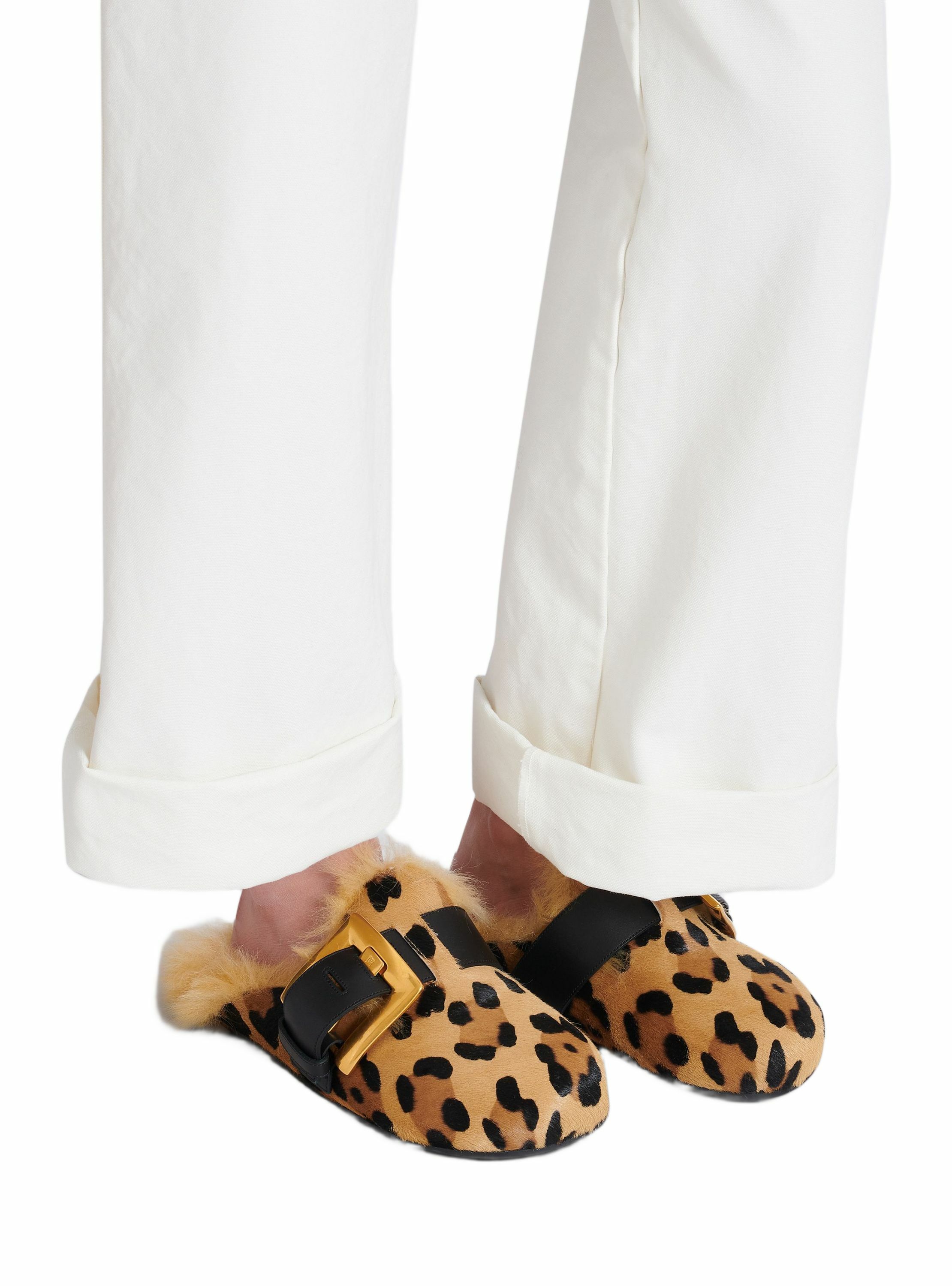 Mules anthem en cuir pony motif léopard et fausse fourrure BALMAIN Marron