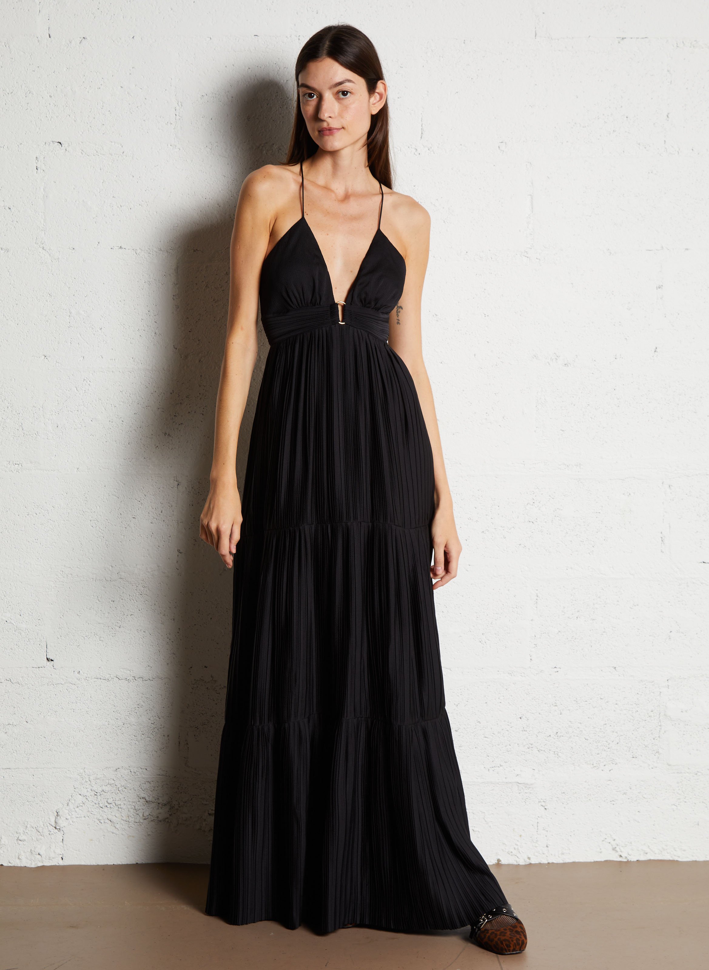 Robe longue col V plissée Wasta BA&SH Noir