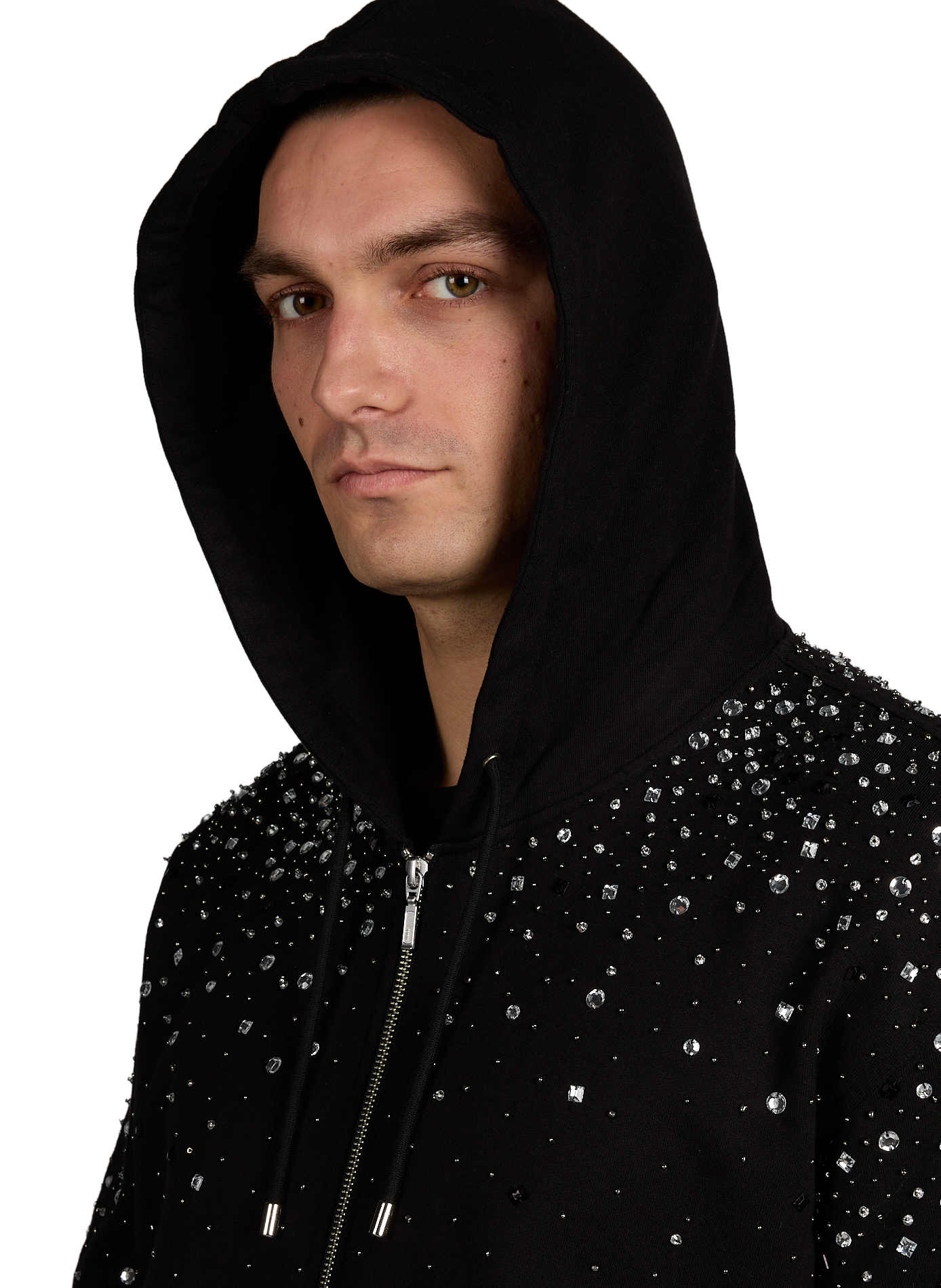 Straight zip-up hoodie with rhinestones in cotton BENJAMIN BENMOYAL Black