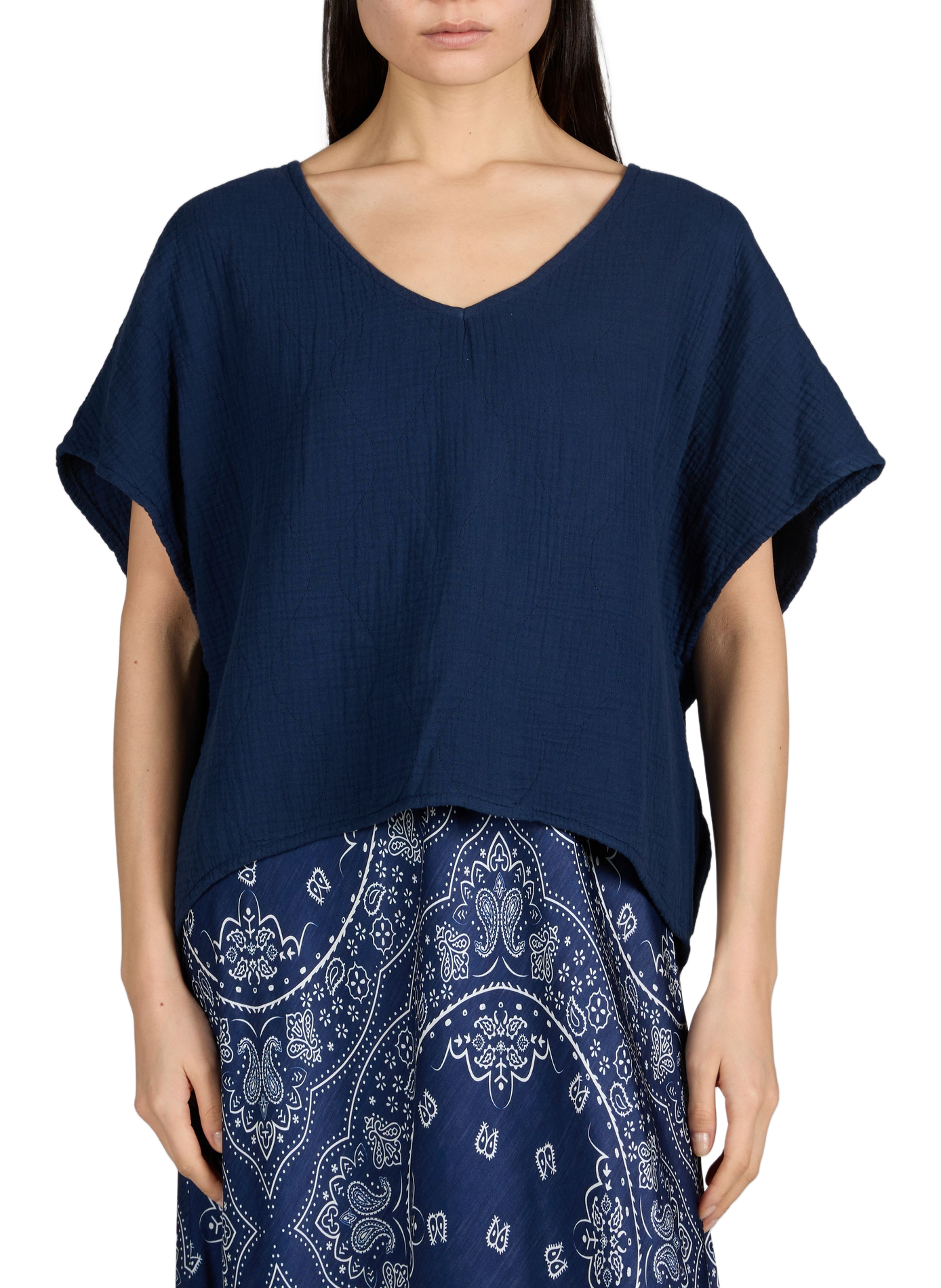 T-shirt New York col V en coton matelassé AOKYANOS Bleu