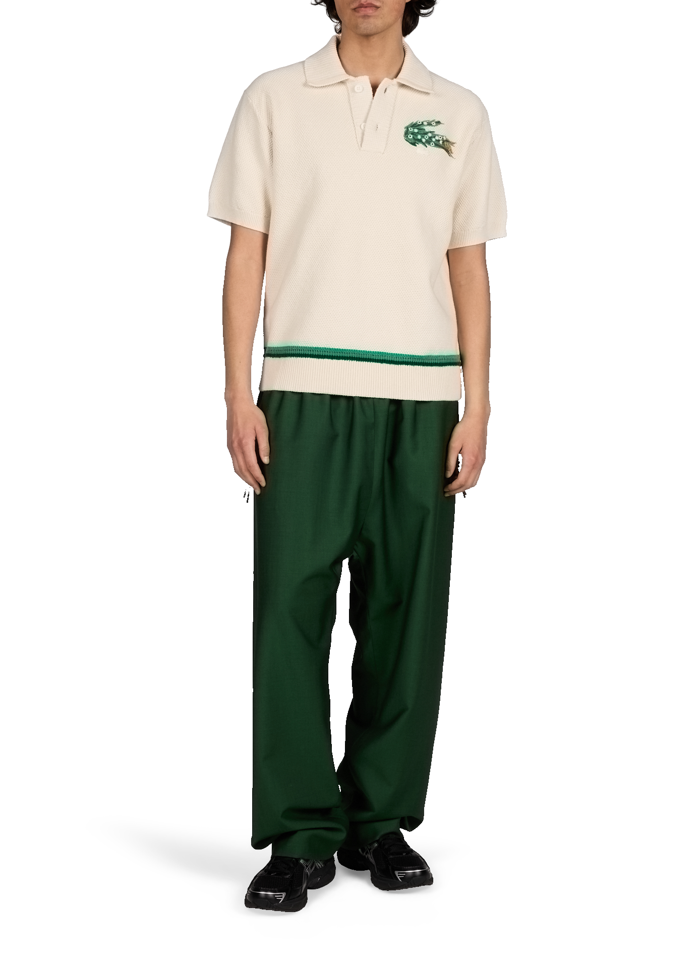 Pull col polo ample brodé en coton mélangé LACOSTE Beige