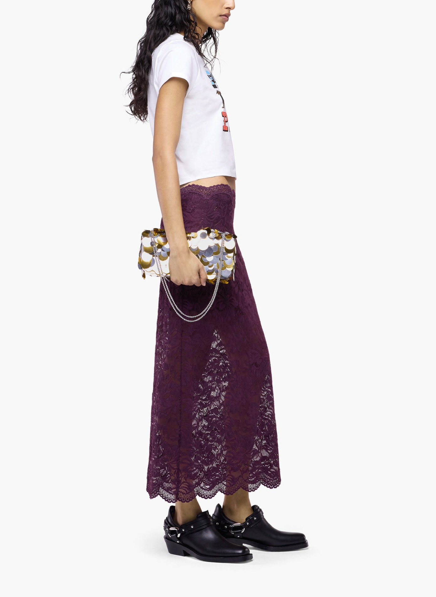 Jupe midi en dentelle superposée RABANNE Violet