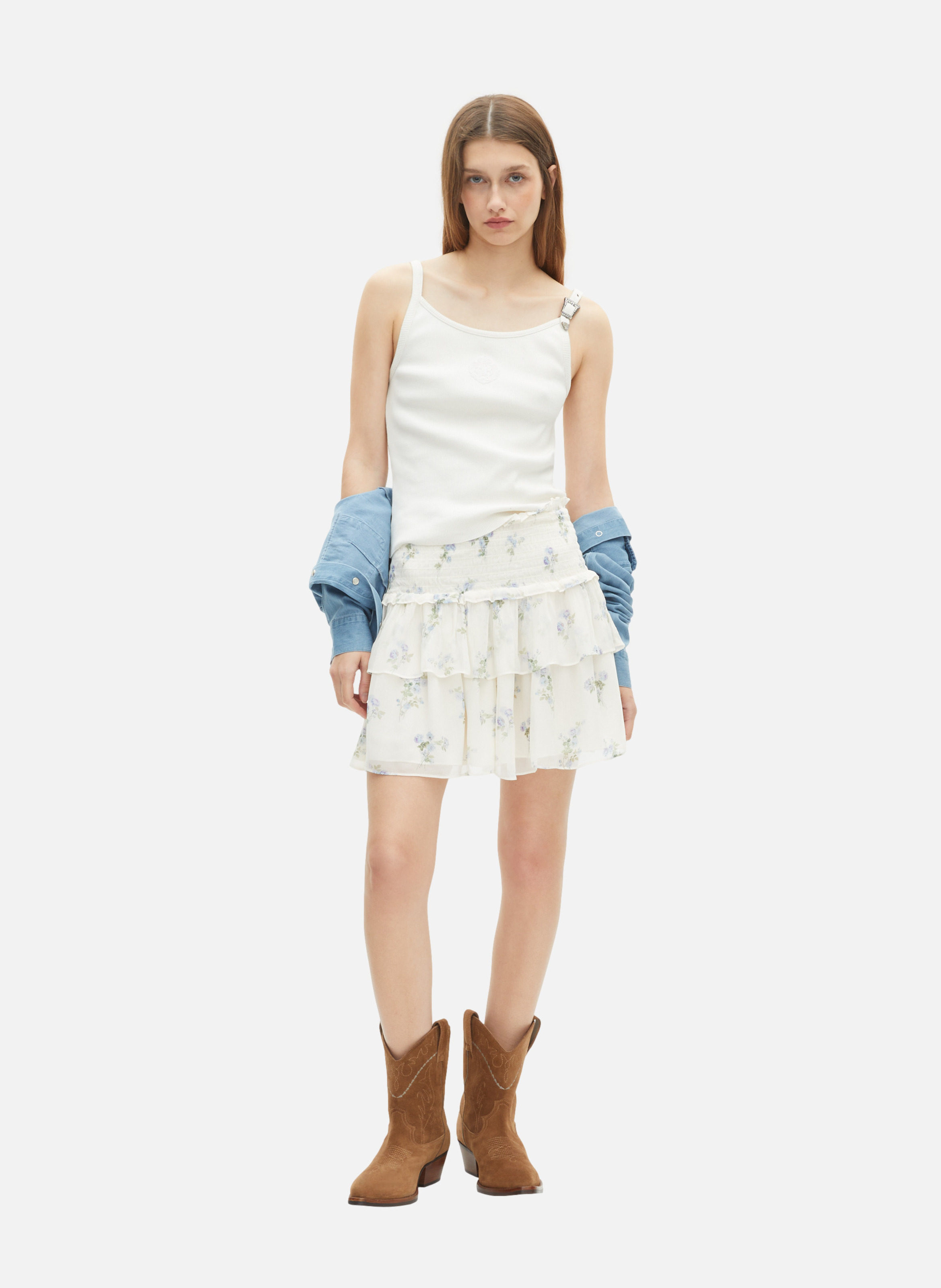 Jupe courte à volants imprimé fleuri THE KOOPLES Blanc