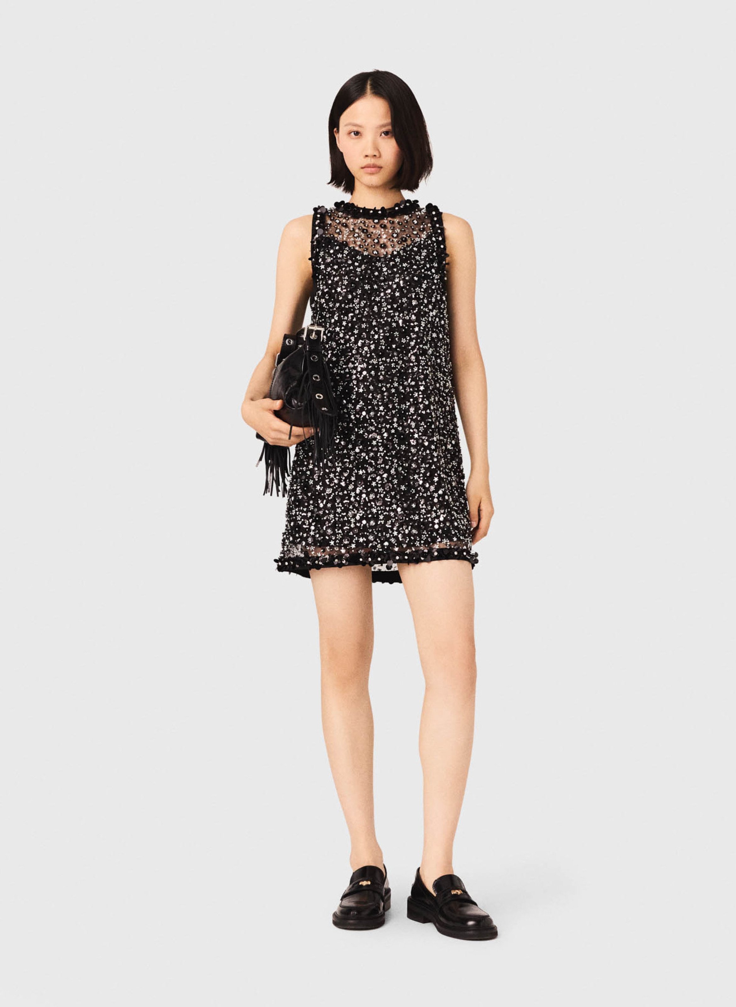 Robe courte col rond vrodée MAJE Noir