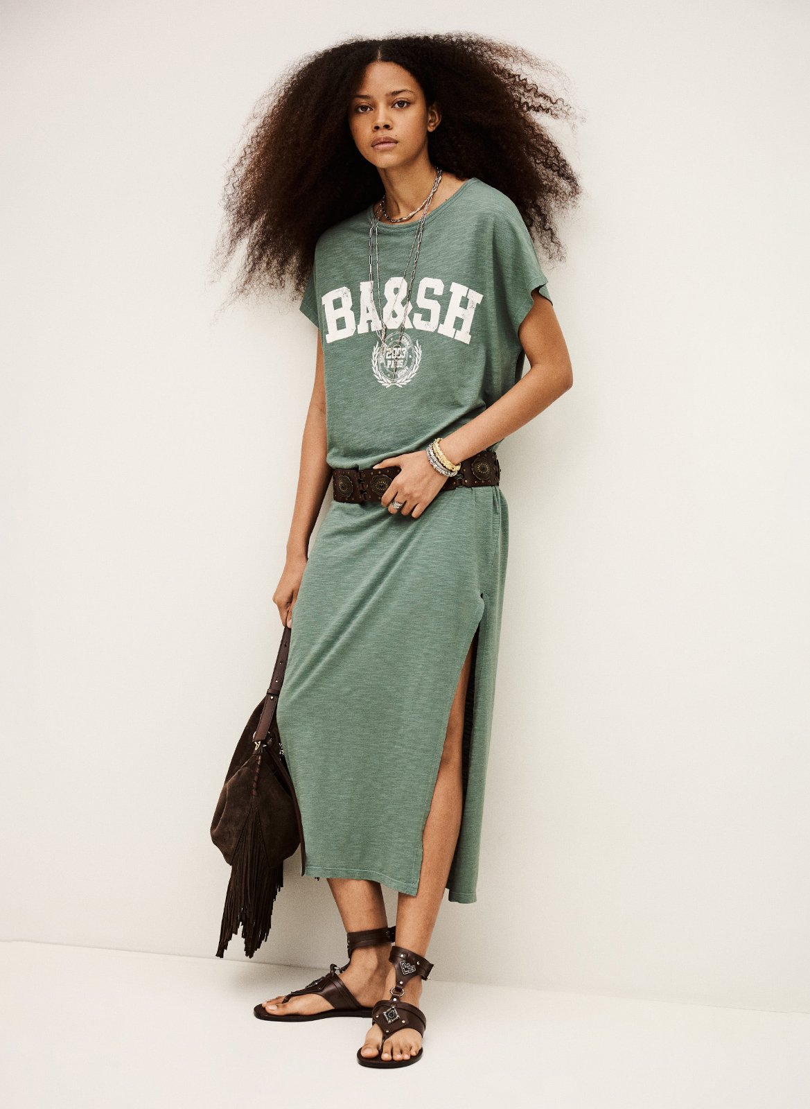 Robe midi imprimée col rond civia BA&SH Kaki