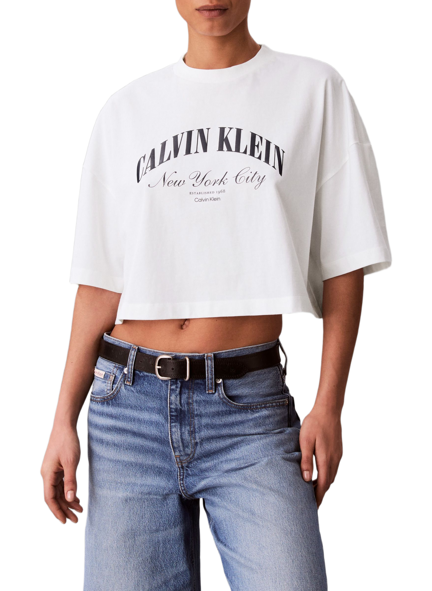 T-shirt cropped imprimé en coton CALVIN KLEIN White
