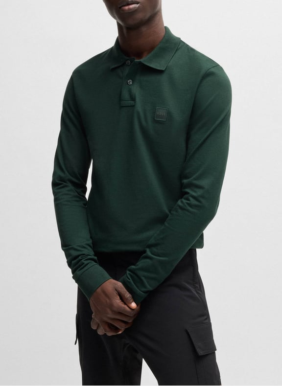 Polo à manches longues regular-fit en coton mélangé Kaki by BOSS BOSS Polo à manches longues regular-fit en coton mélangé Kaki