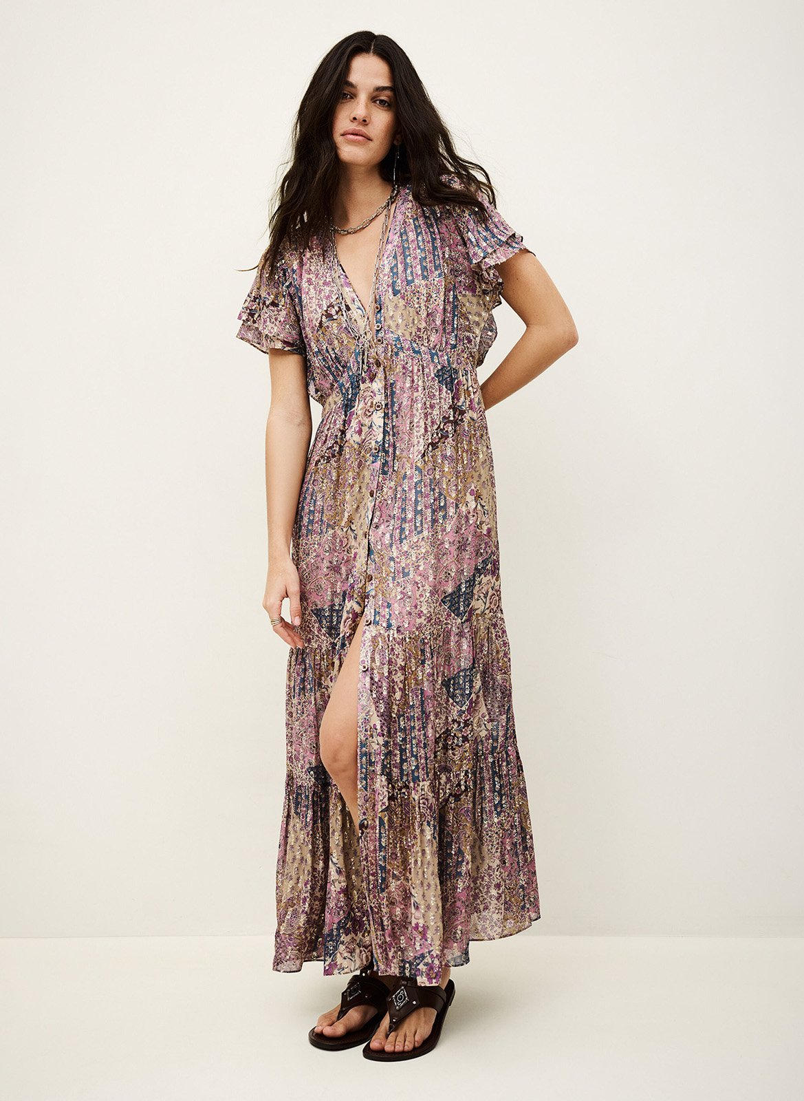 Robe longue col v imprimée pareta BA&SH Rose