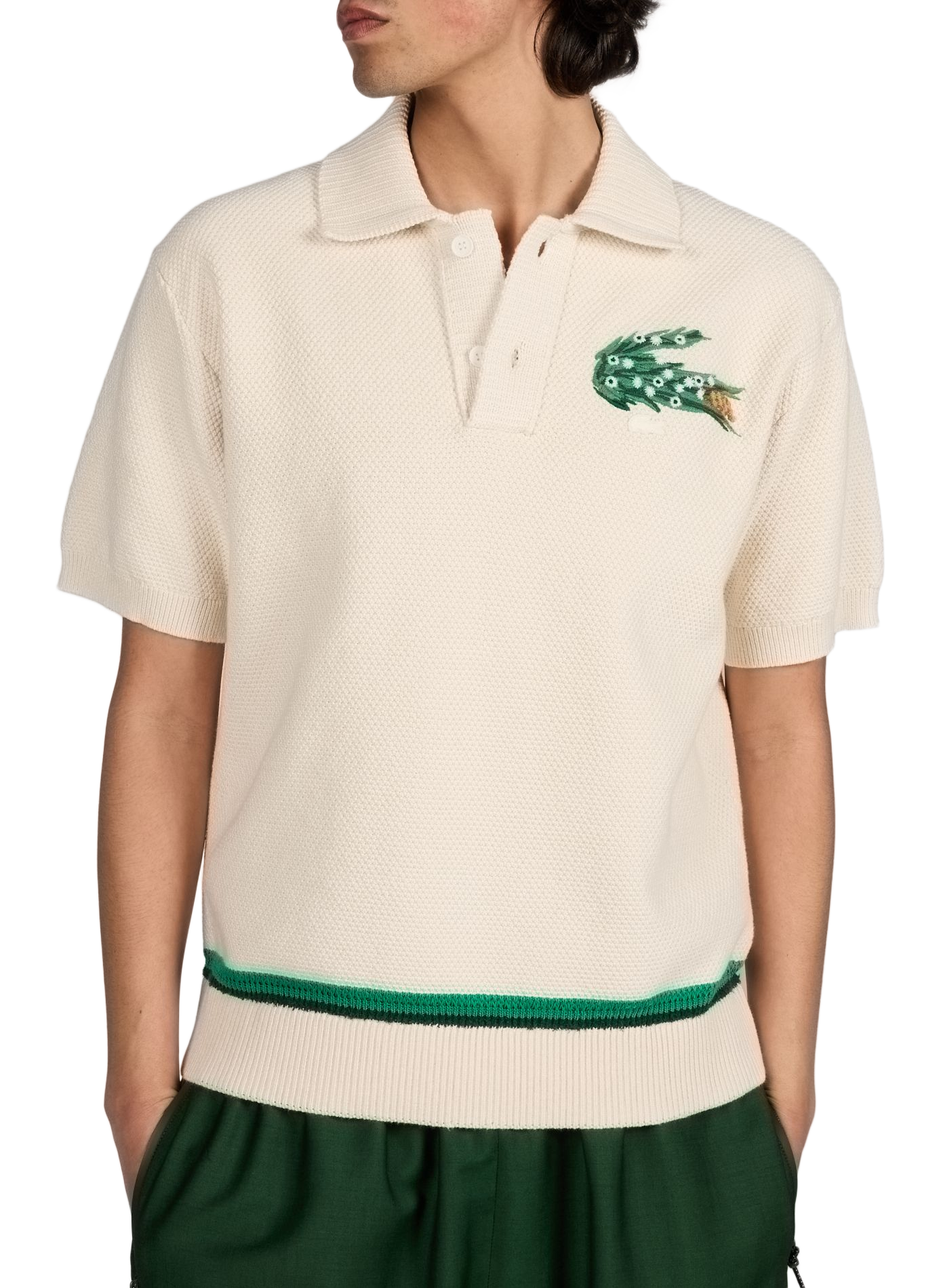 Pull col polo ample brodé en coton mélangé LACOSTE Beige