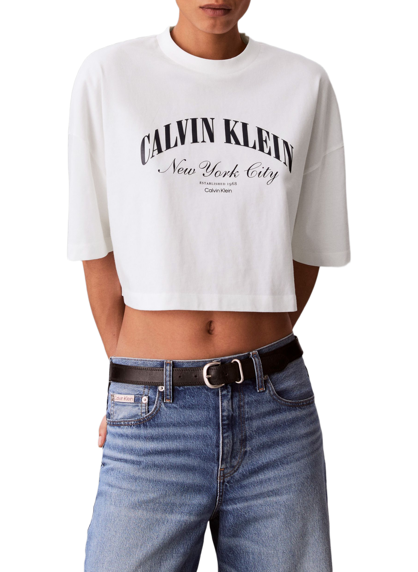 T-shirt cropped imprimé en coton CALVIN KLEIN White