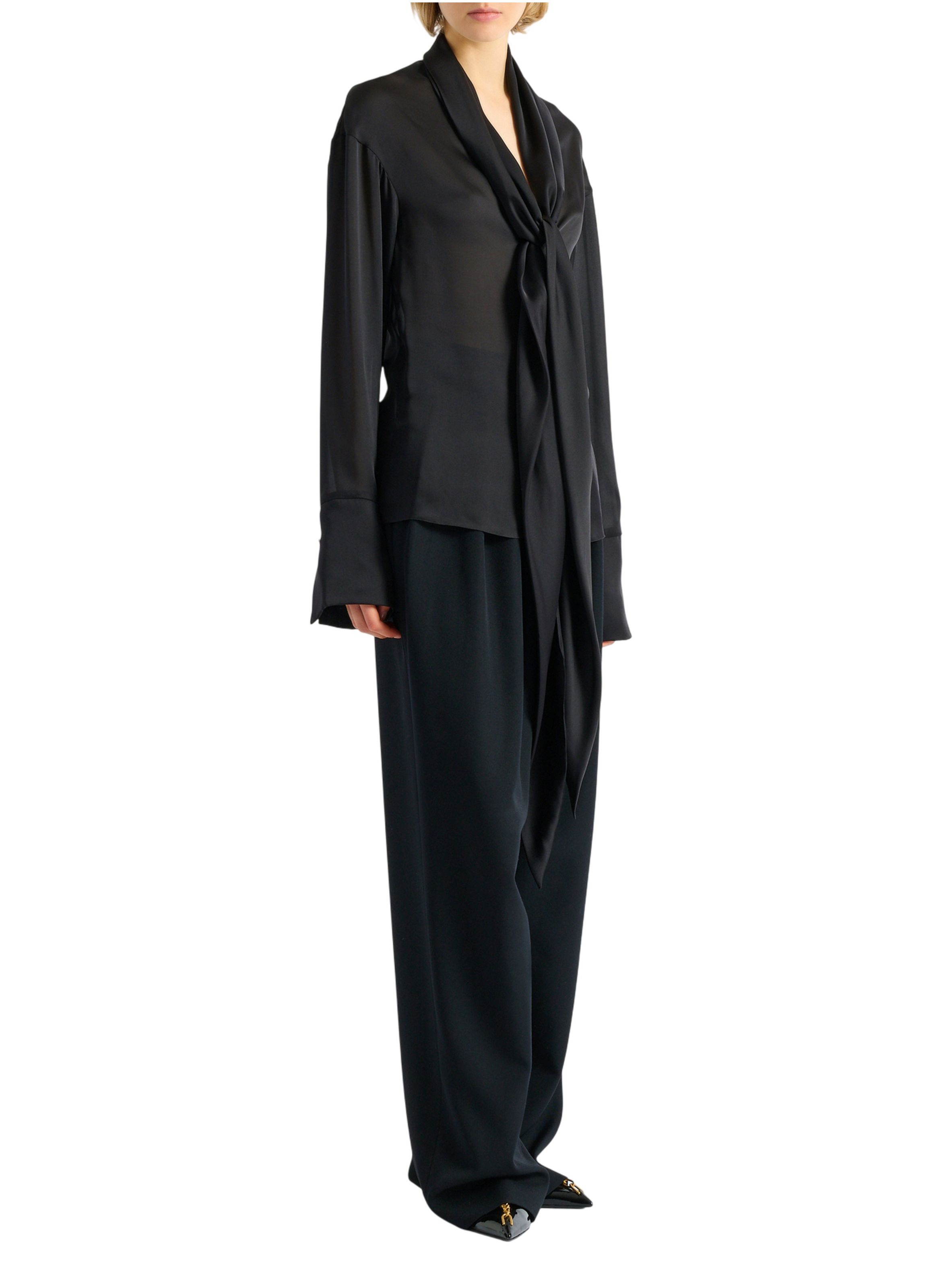 Chemise en soie à col noué BALMAIN Noir