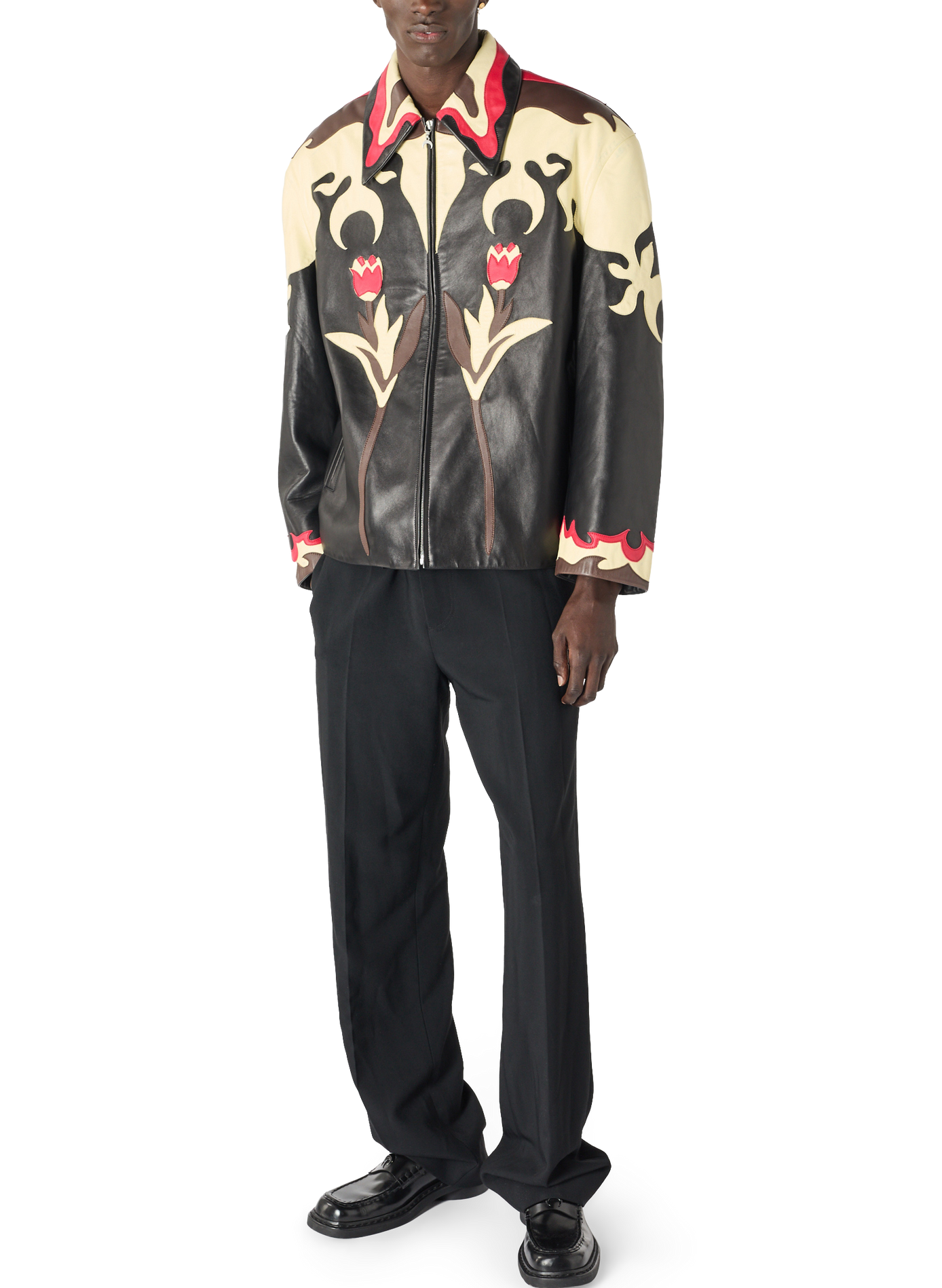 Blouson en cuir à patchs fleuris unisexe MARINE SERRE Noir