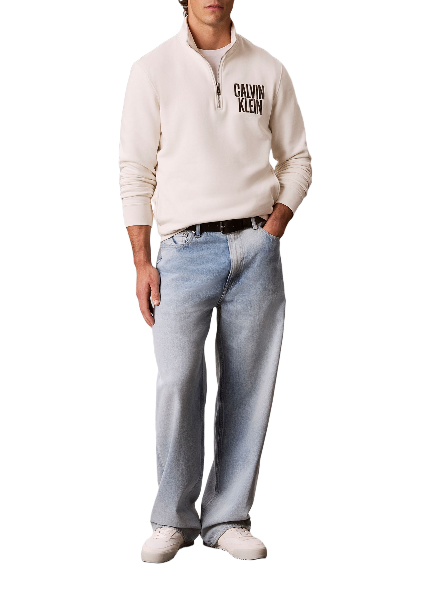 Pull droit à col montant zippé en coton mélangé CALVIN KLEIN Beige