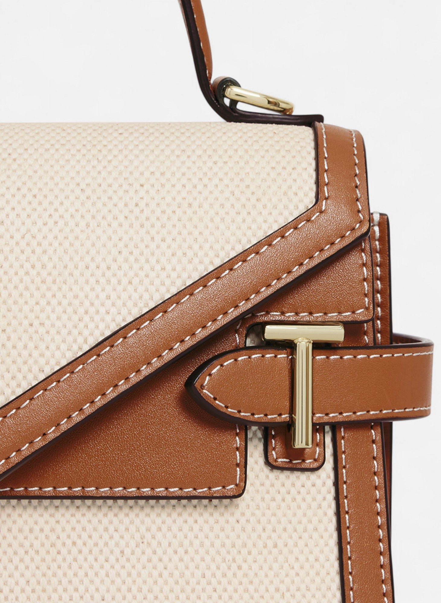 Petit sac à main double rabat emilie en toile coton et cuir lisse LE TANNEUR Marron