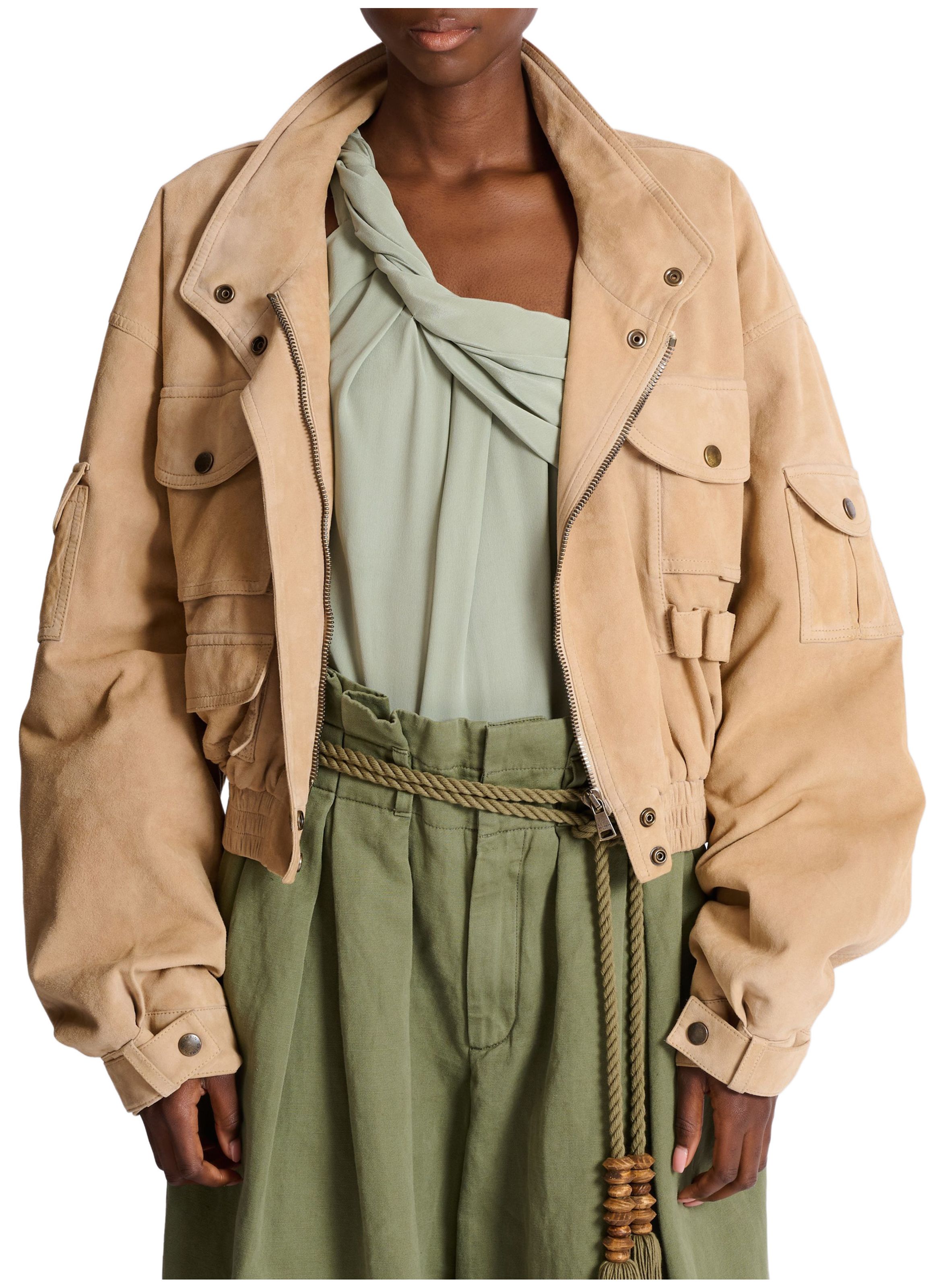 Bomber en cuir suédé BALMAIN Beige