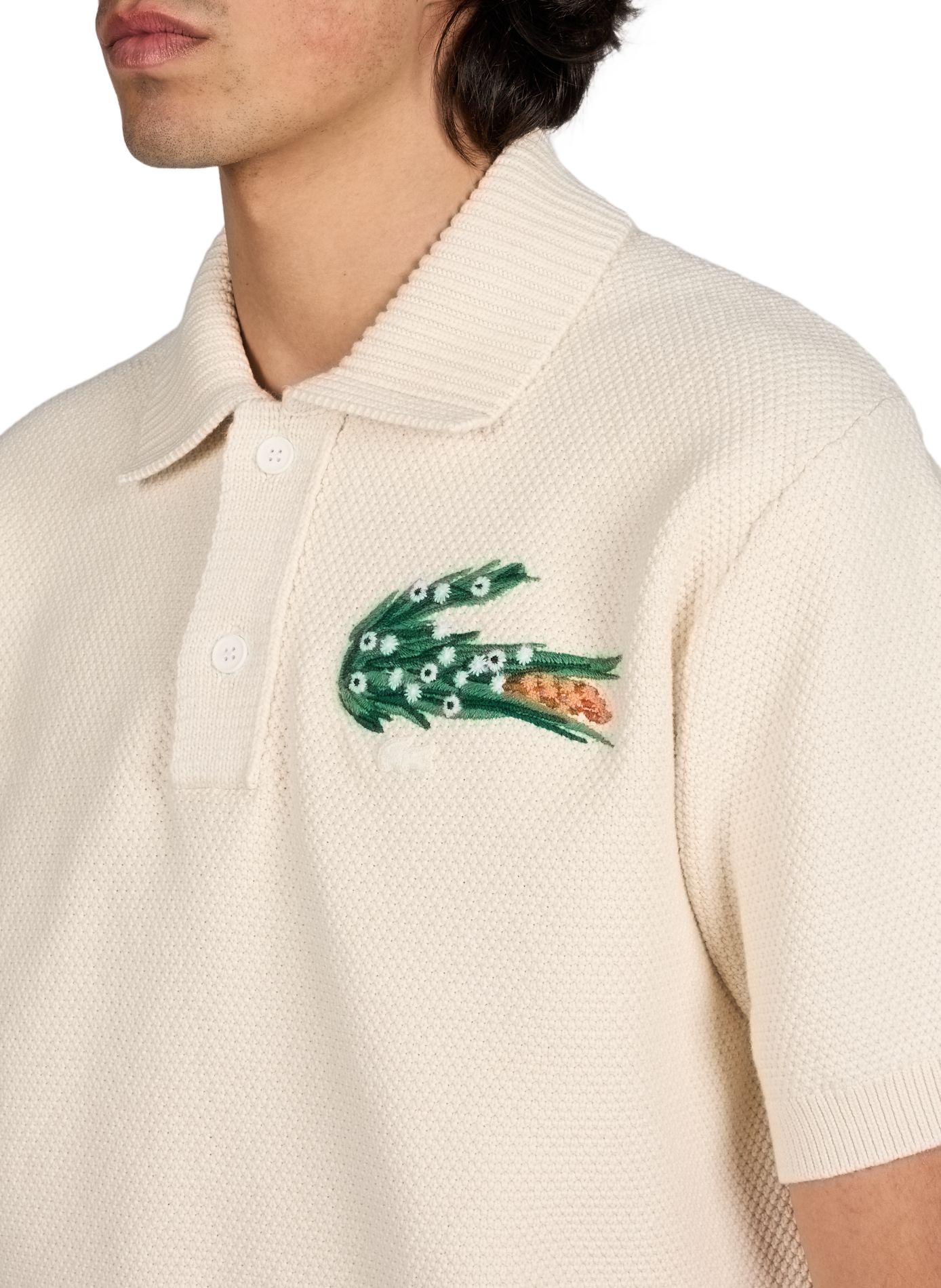 Pull col polo ample brodé en coton mélangé LACOSTE Beige