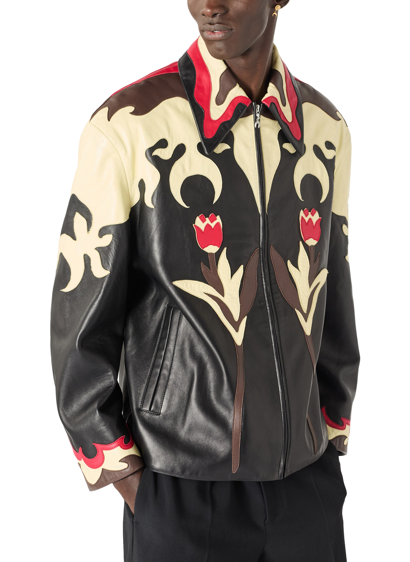 Blouson en cuir à patchs fleuris unisexe MARINE SERRE Noir