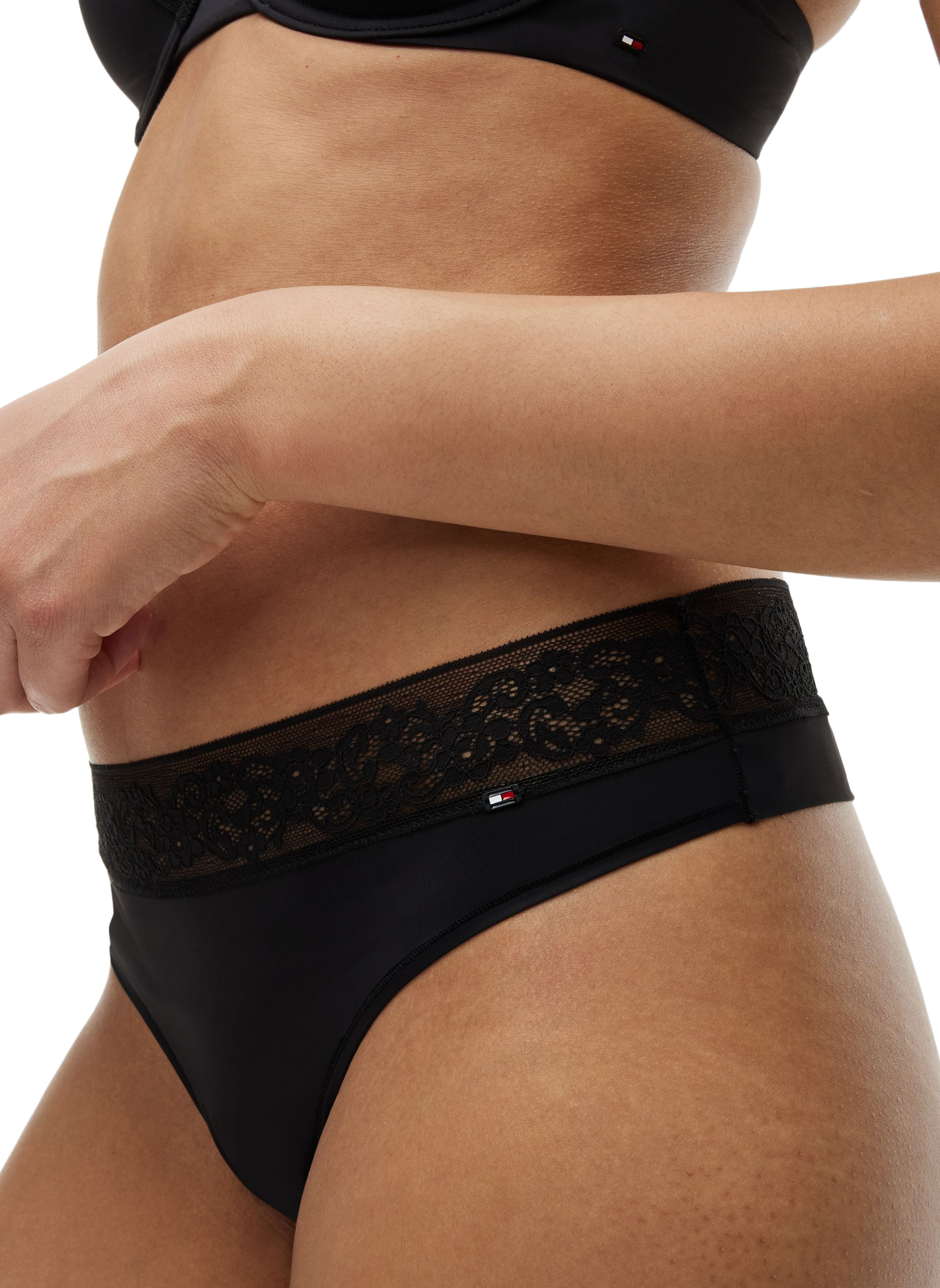 Plain thong with lace waistband | Black TOMMY HILFIGER Women
