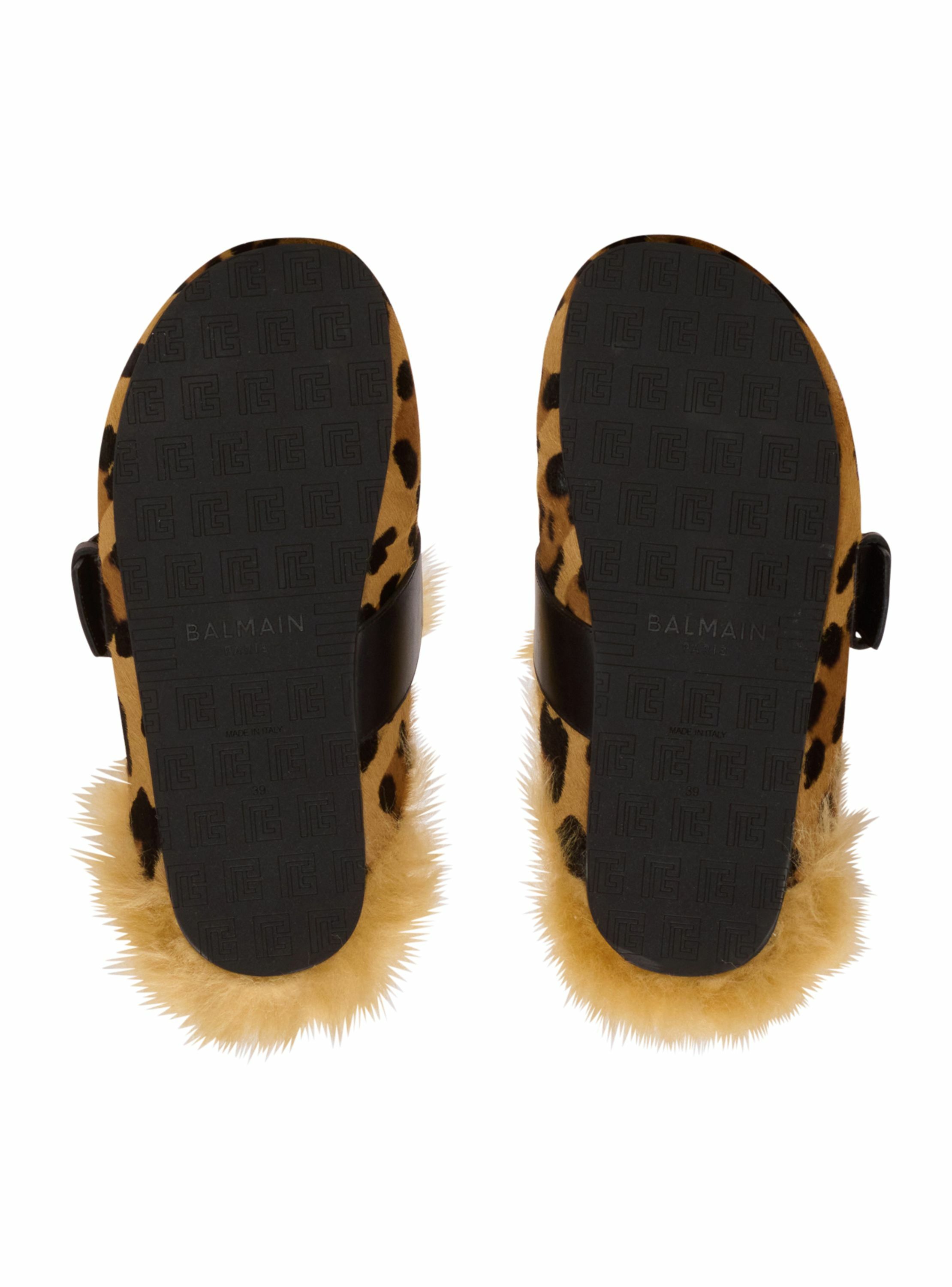 Mules anthem en cuir pony motif léopard et fausse fourrure BALMAIN Marron