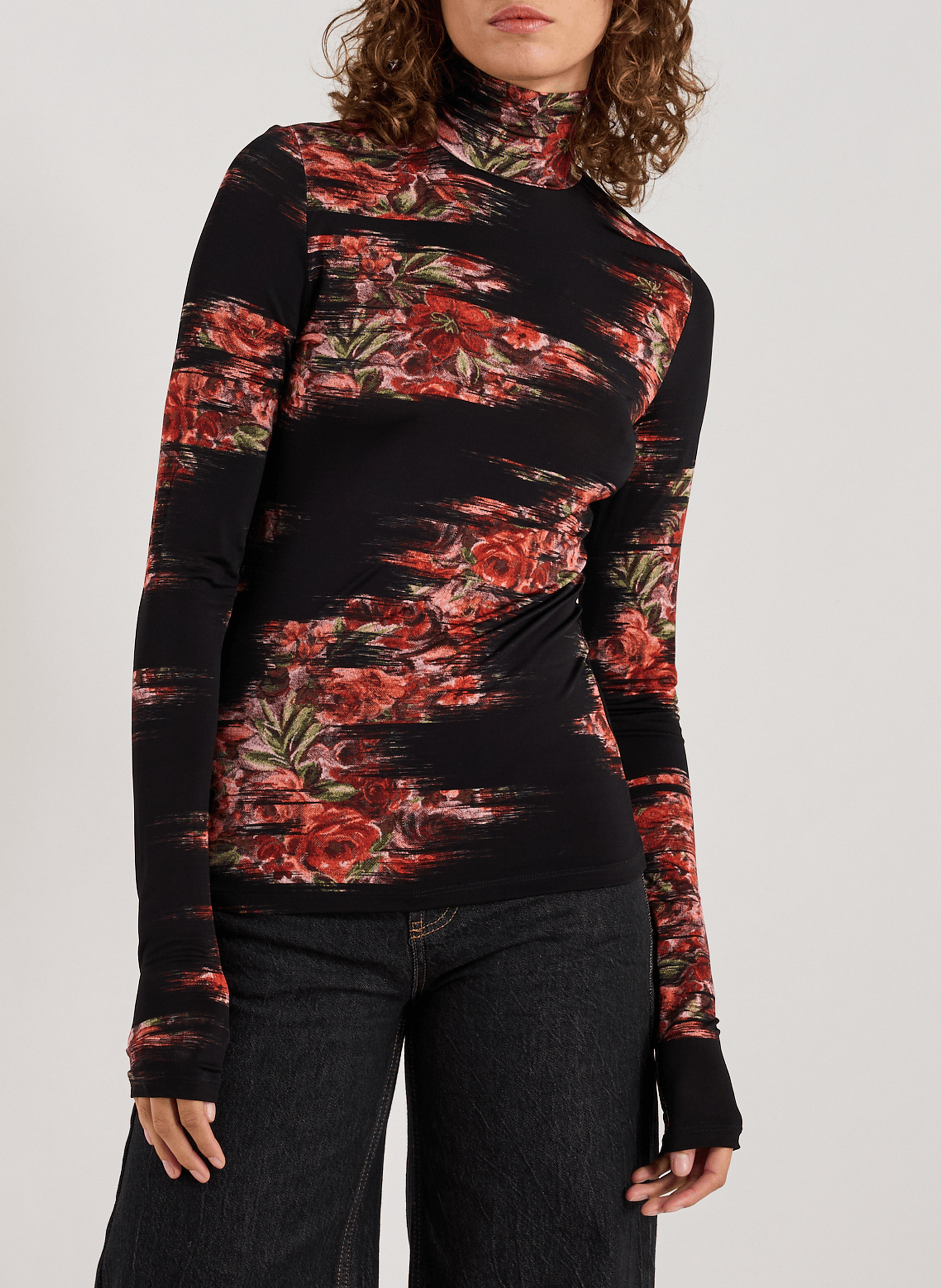 GANNI Long-sleeve turtleneck top with floral print Multicolour