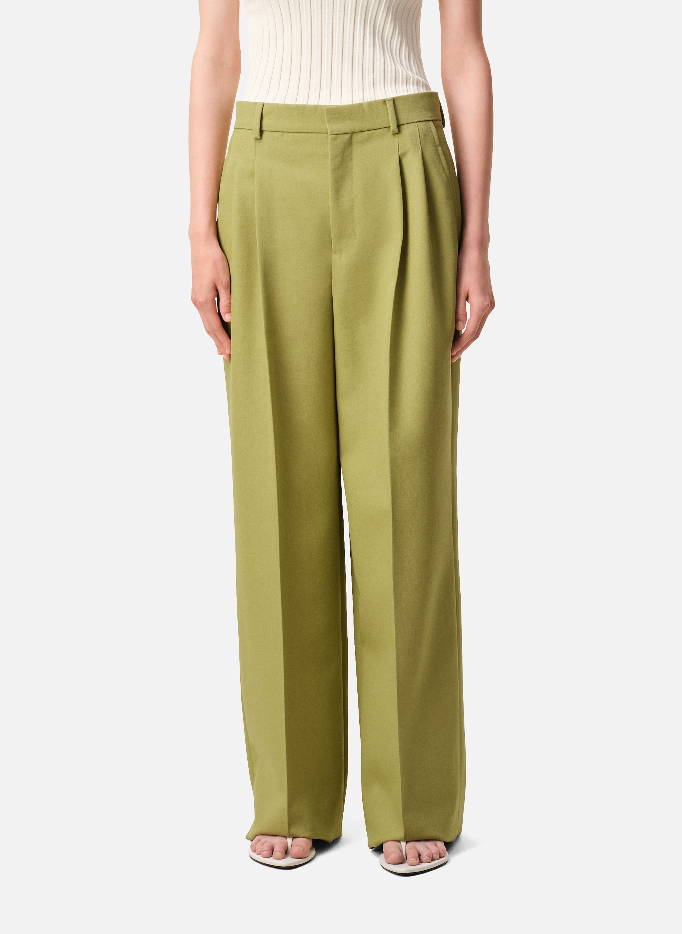 Pantalon large taille basse en laine vierge AMI PARIS Vert