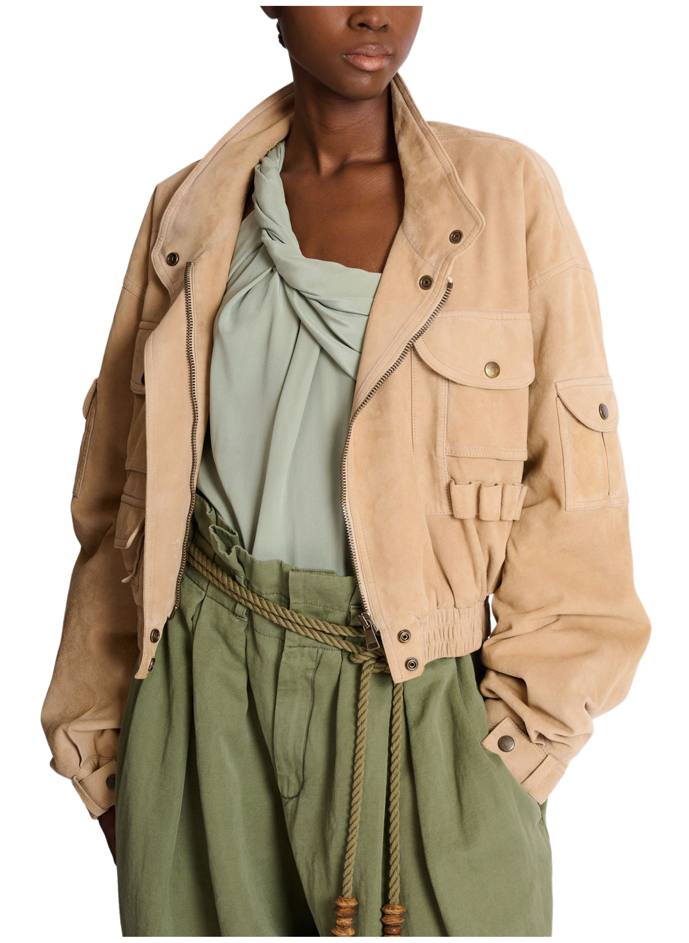Bomber en cuir suédé BALMAIN Beige