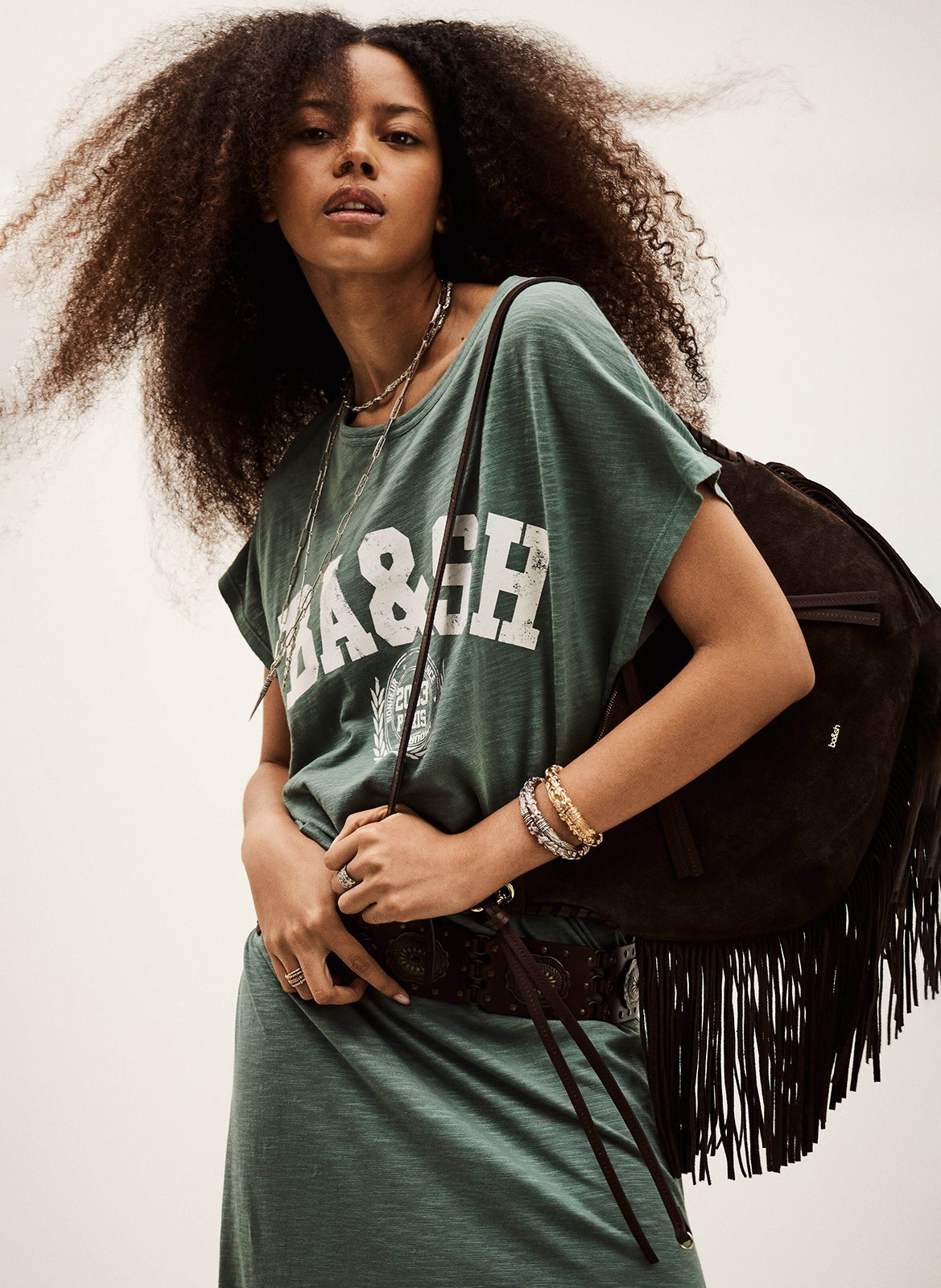 Robe midi imprimée col rond civia BA&SH Kaki