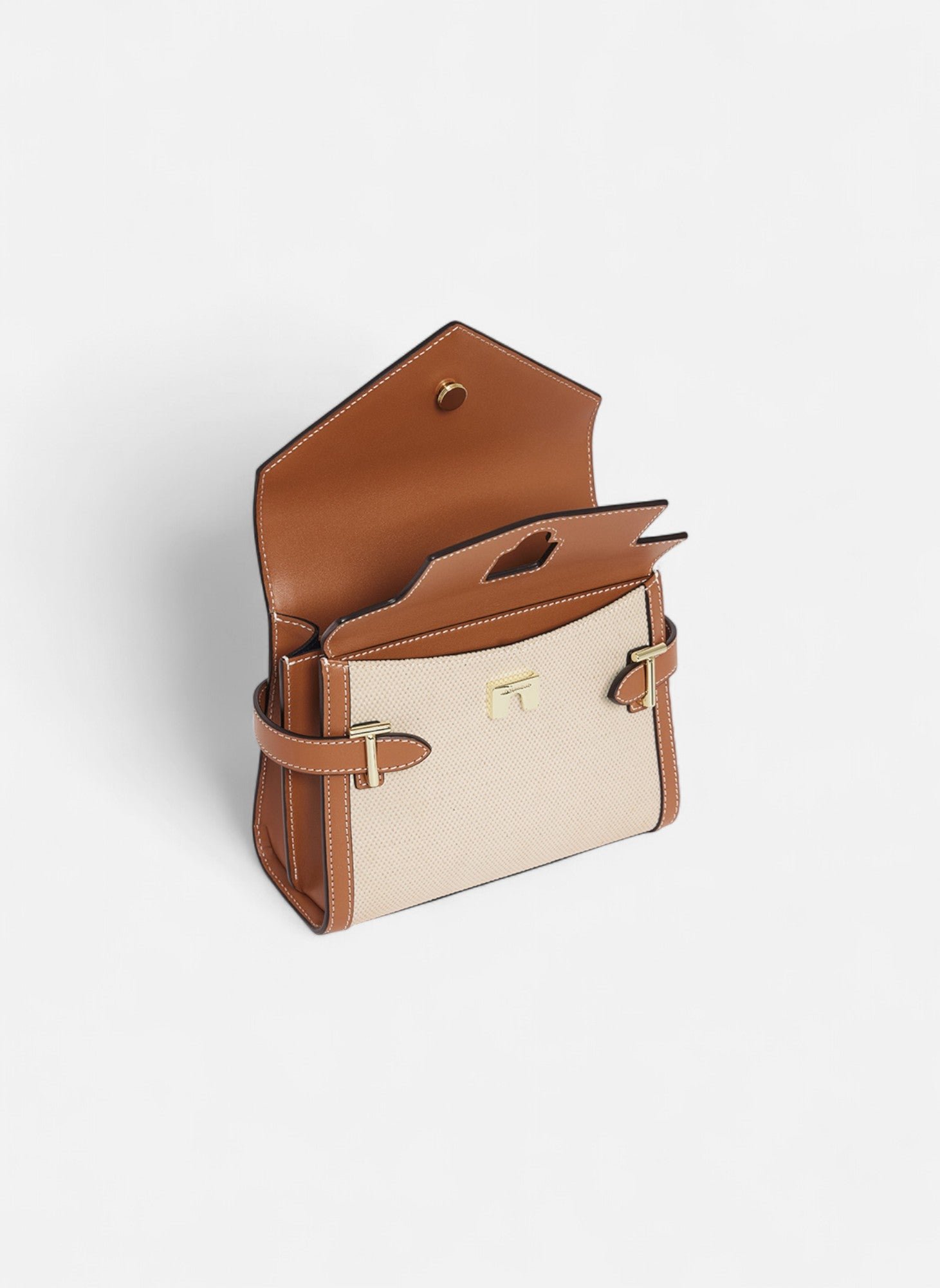 Petit sac à main double rabat emilie en toile coton et cuir lisse LE TANNEUR Marron