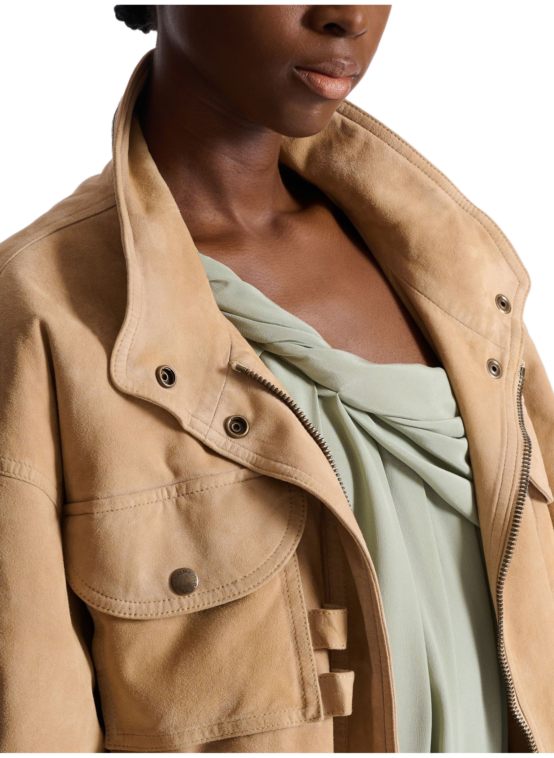 Bomber en cuir suédé BALMAIN Beige