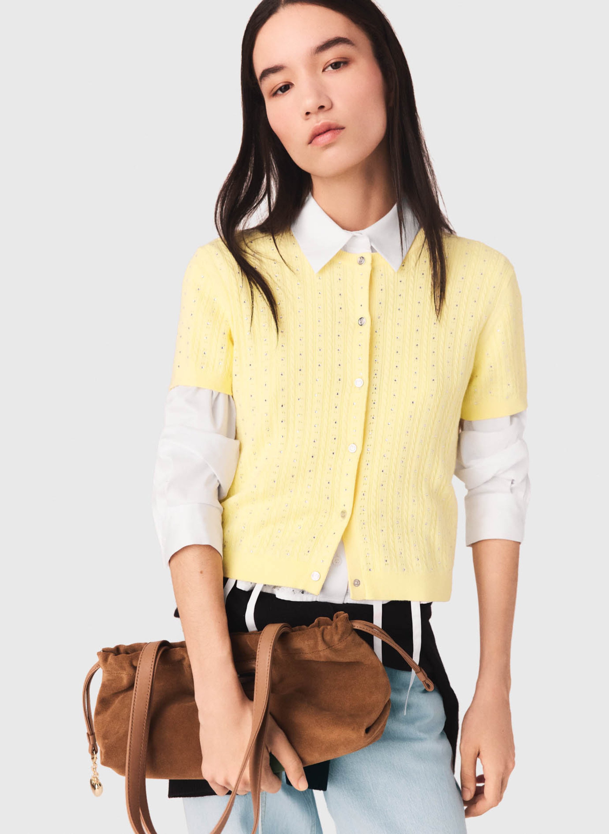 Cardigan droit col rond en coton mélangé MAJE Jaune