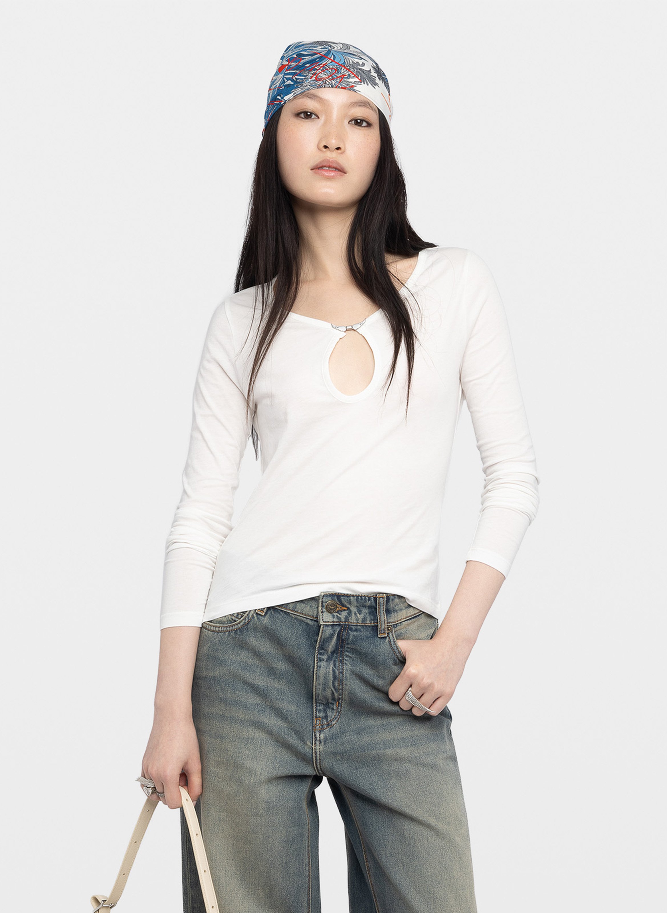 Tee-shirt col tunisien à broche décorative tina ZADIG&VOLTAIRE Blanc