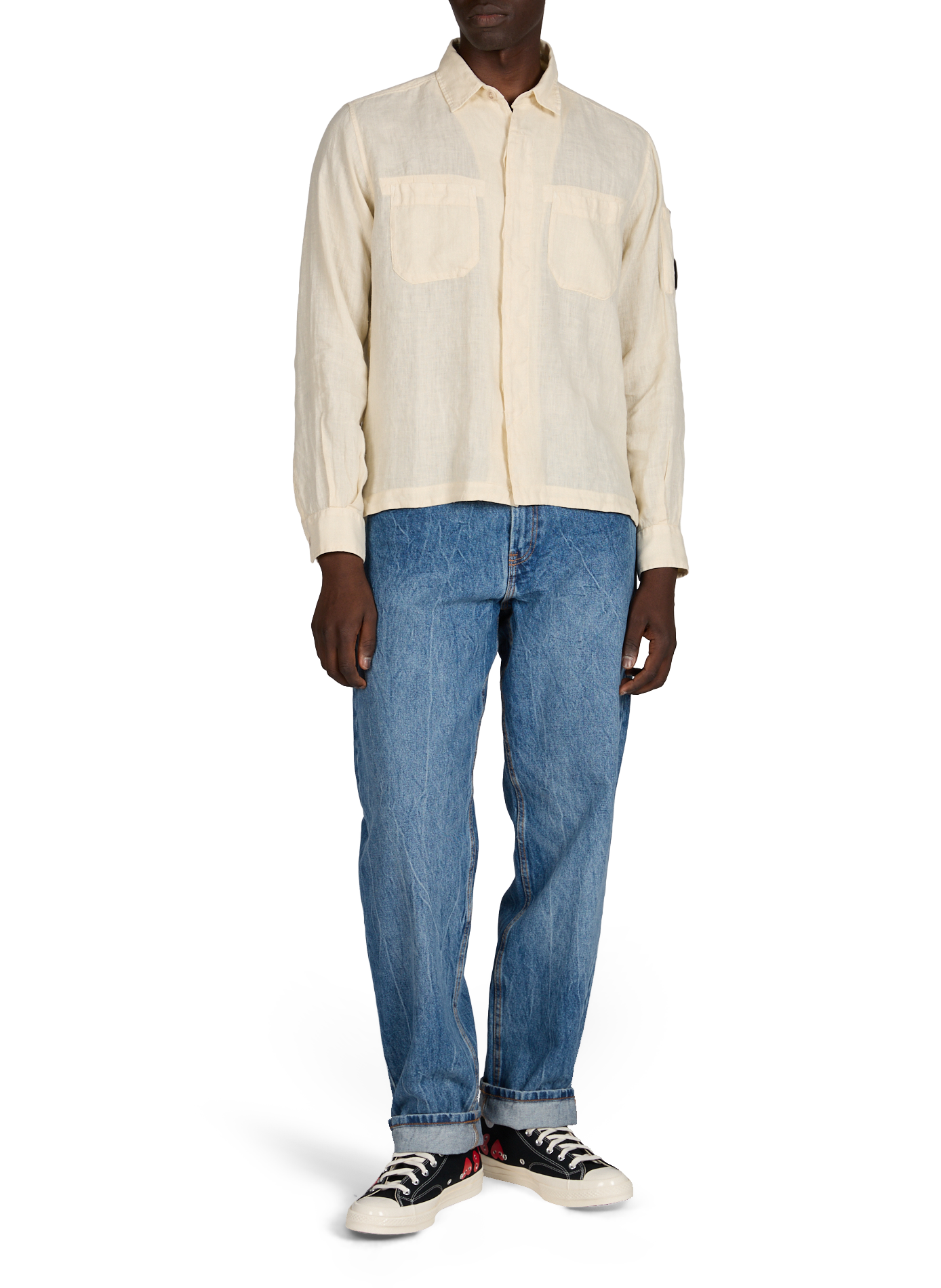 Chemise unie avec empiècement logo sur la manche en lin CP COMPANY Beige
