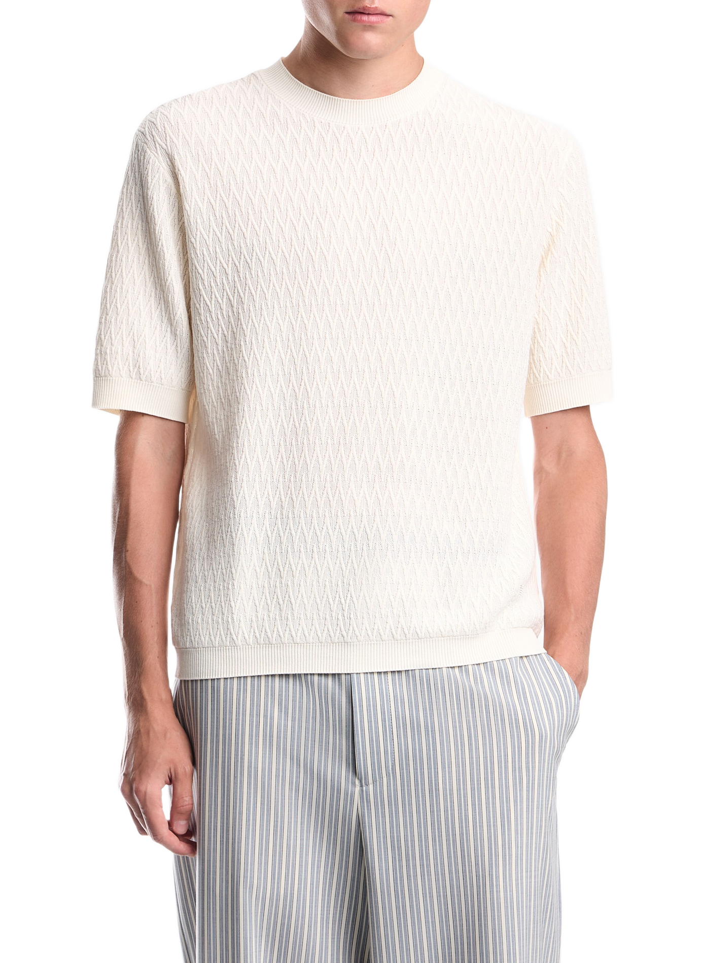Short-sleeved chevron knit cotton sweater EMPORIO ARMANI White