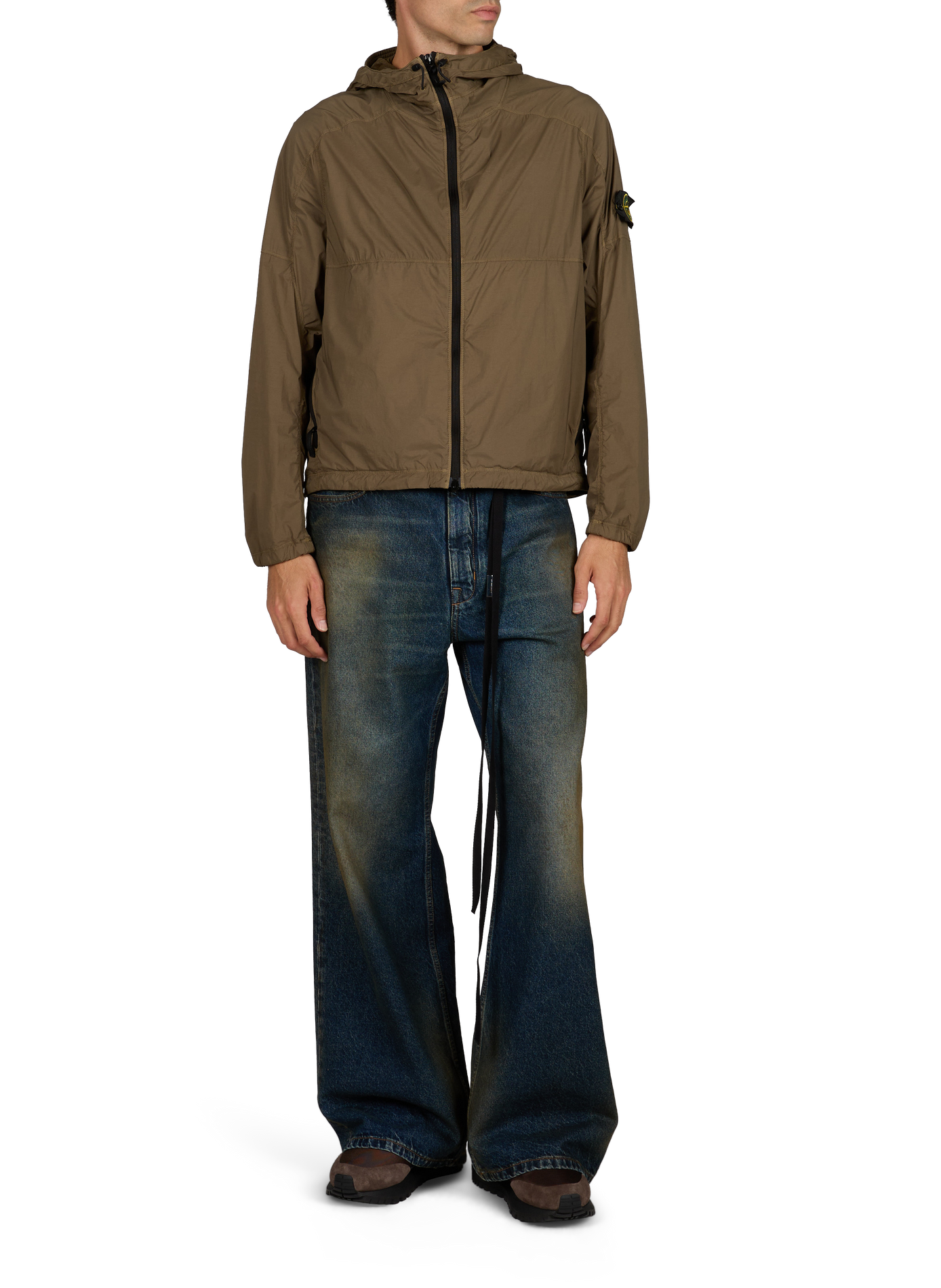 Straight zip-up hooded jacket STONE ISLAND Khaki