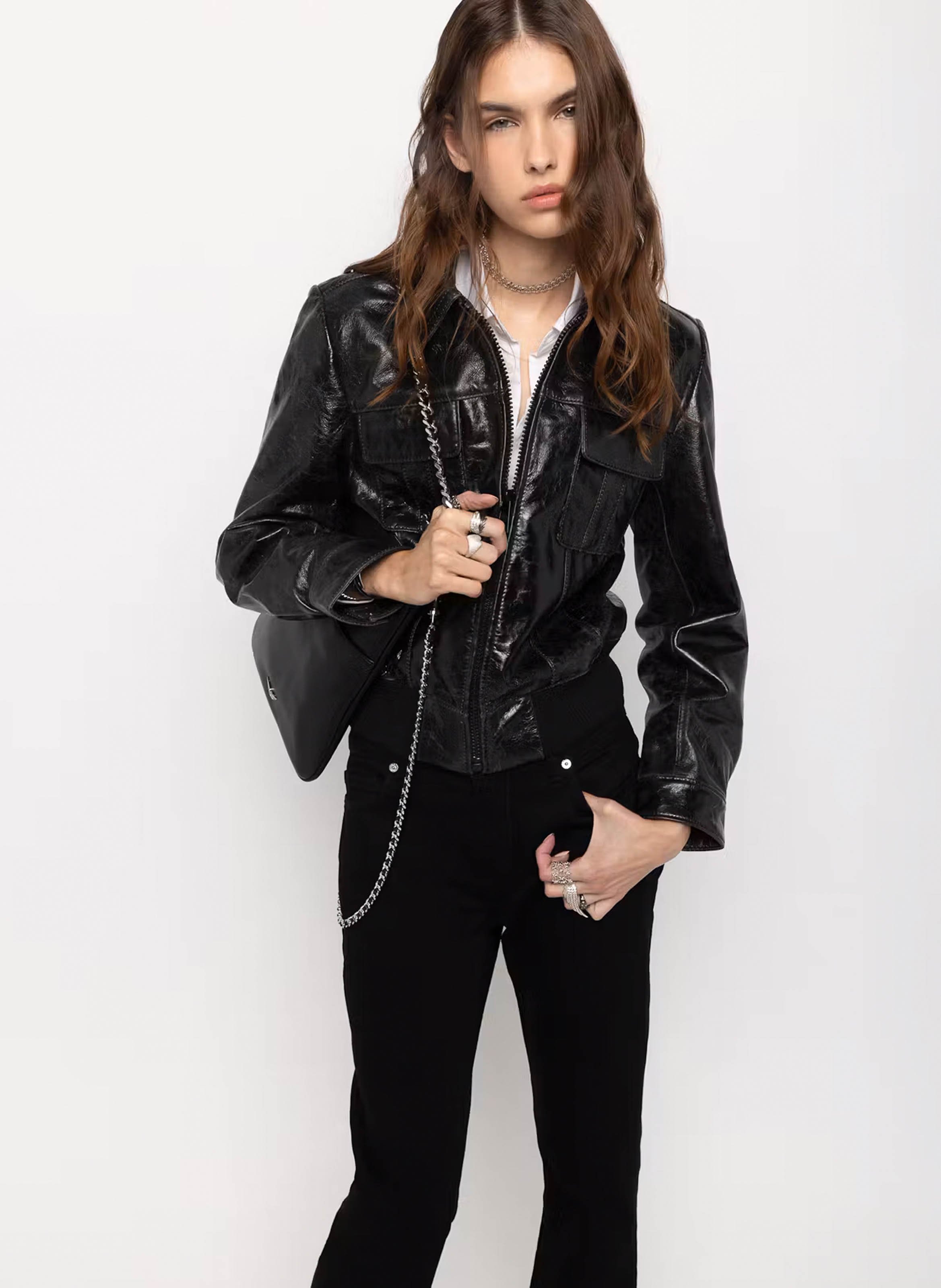 Blouson droit zippé en cuir veramy ZADIG&VOLTAIRE Noir